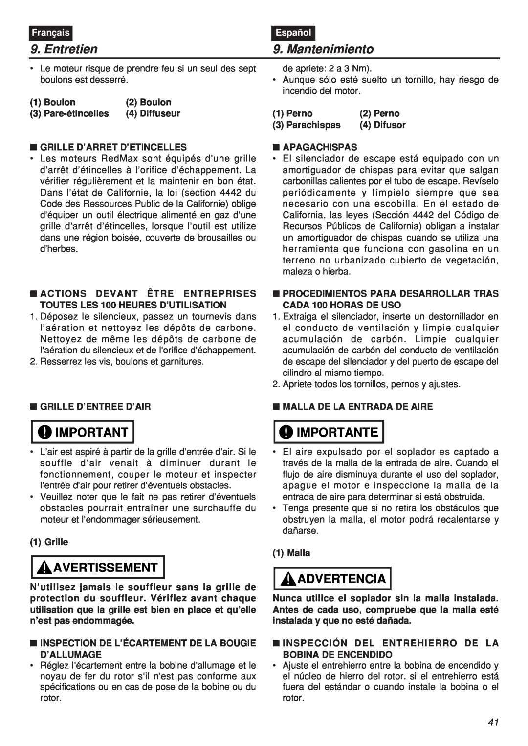 Zenoah EBZ100-CA, EBZ100RH manual Entretien, Mantenimiento, Avertissement, Importante, Advertencia, Français, Español 