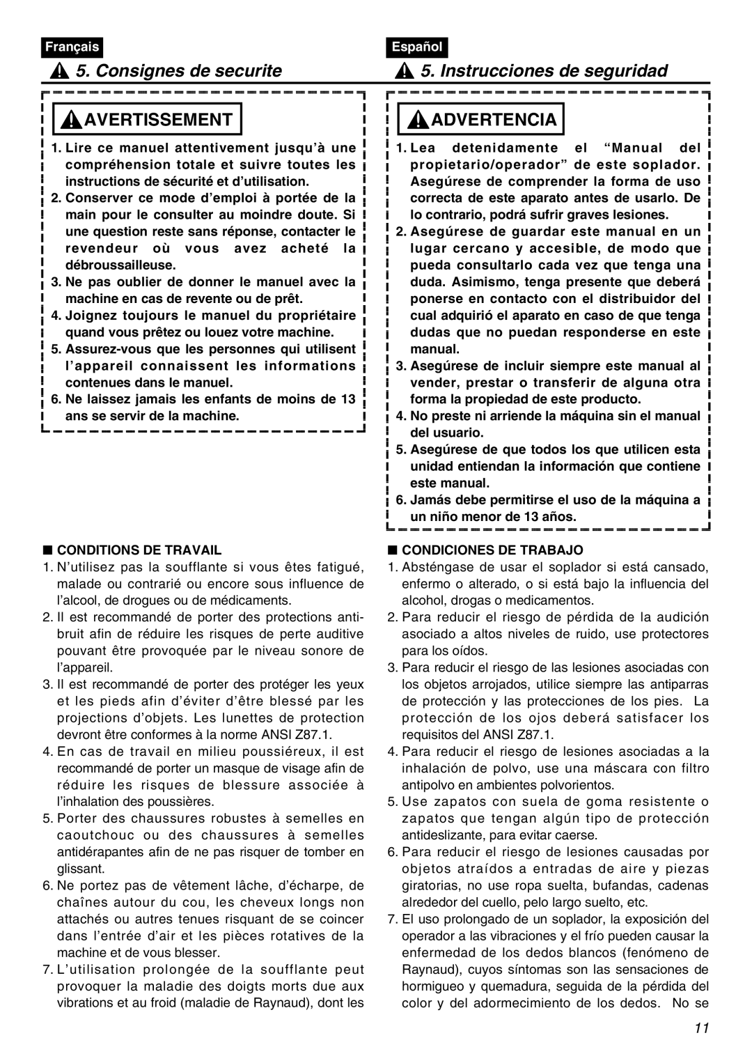 Zenoah EBZ3000 manual Consignes de securite Instrucciones de seguridad, Conditions DE Travail, Condiciones DE Trabajo 