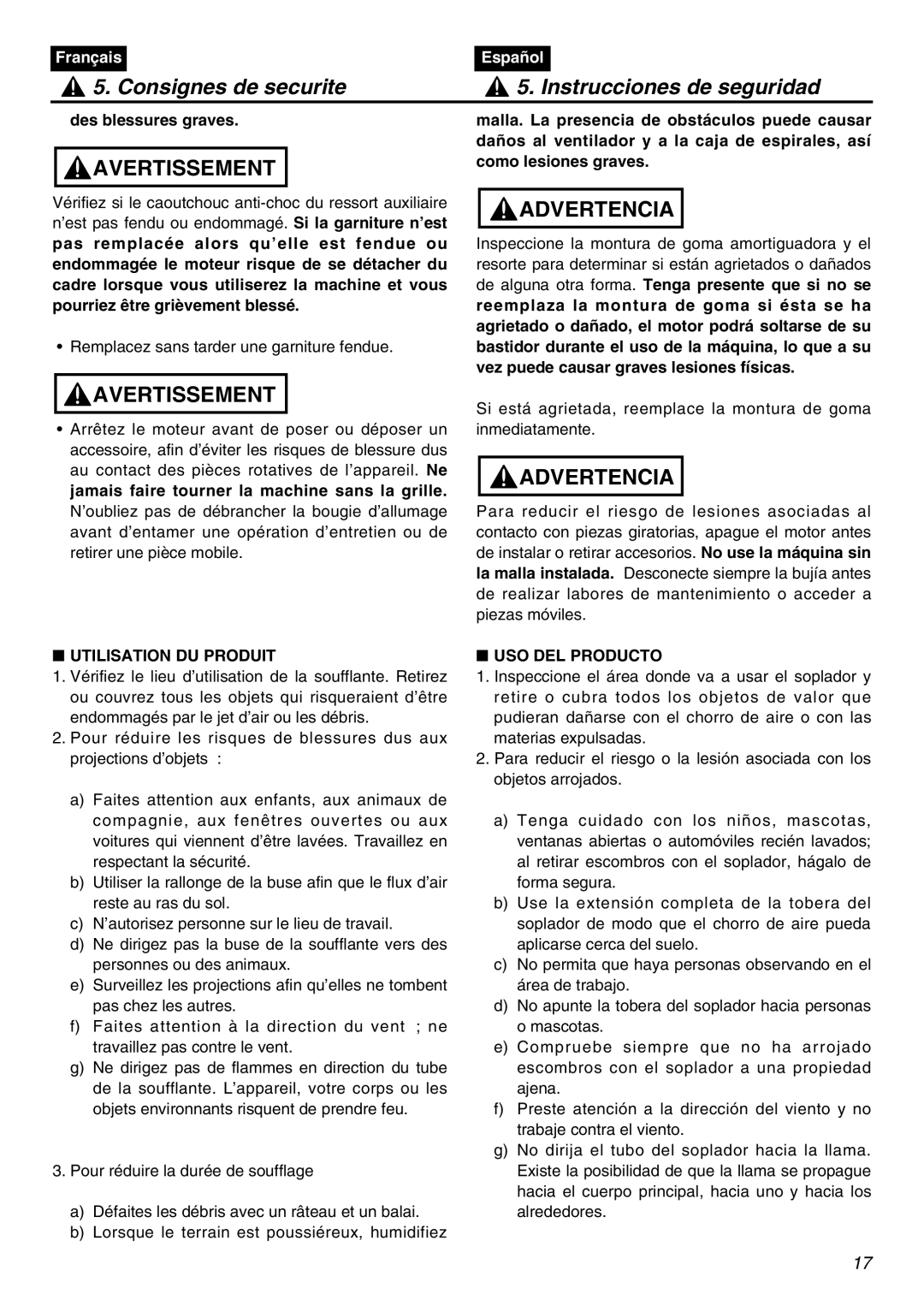 Zenoah EBZ3000RH-CA manual Des blessures graves, Utilisation DU Produit USO DEL Producto 