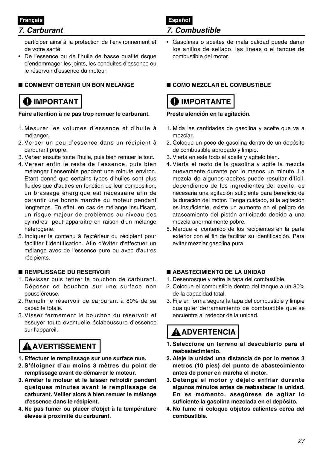 Zenoah EBZ3000RH-CA manual Comment Obtenir UN BON Melange Como Mezclar EL Combustible, Remplissage DU Reservoir 