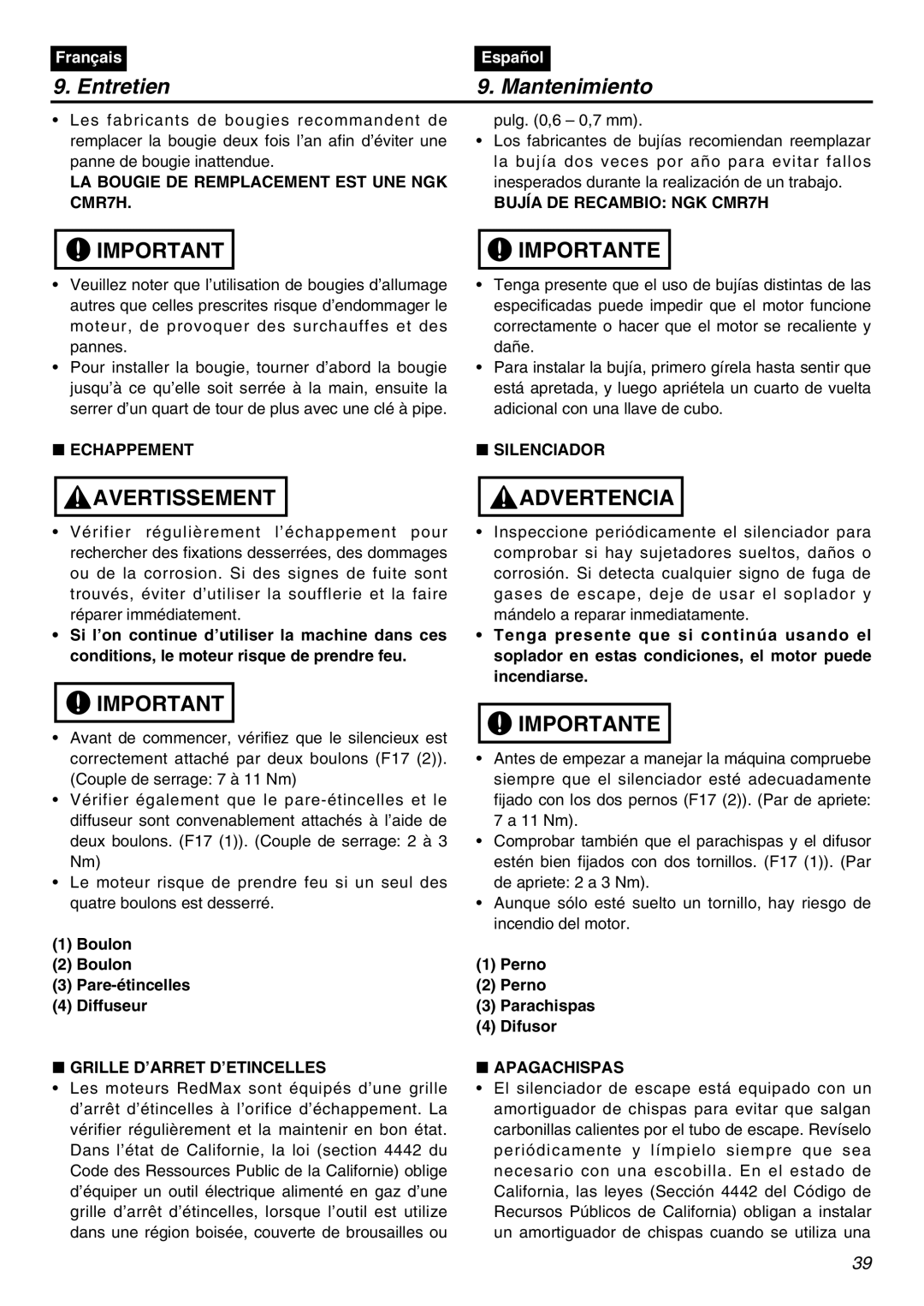 Zenoah EBZ3000 manual LA Bougie DE Remplacement EST UNE NGK CMR7H, Bujía DE Recambio NGK CMR7H, Echappement, Silenciador 