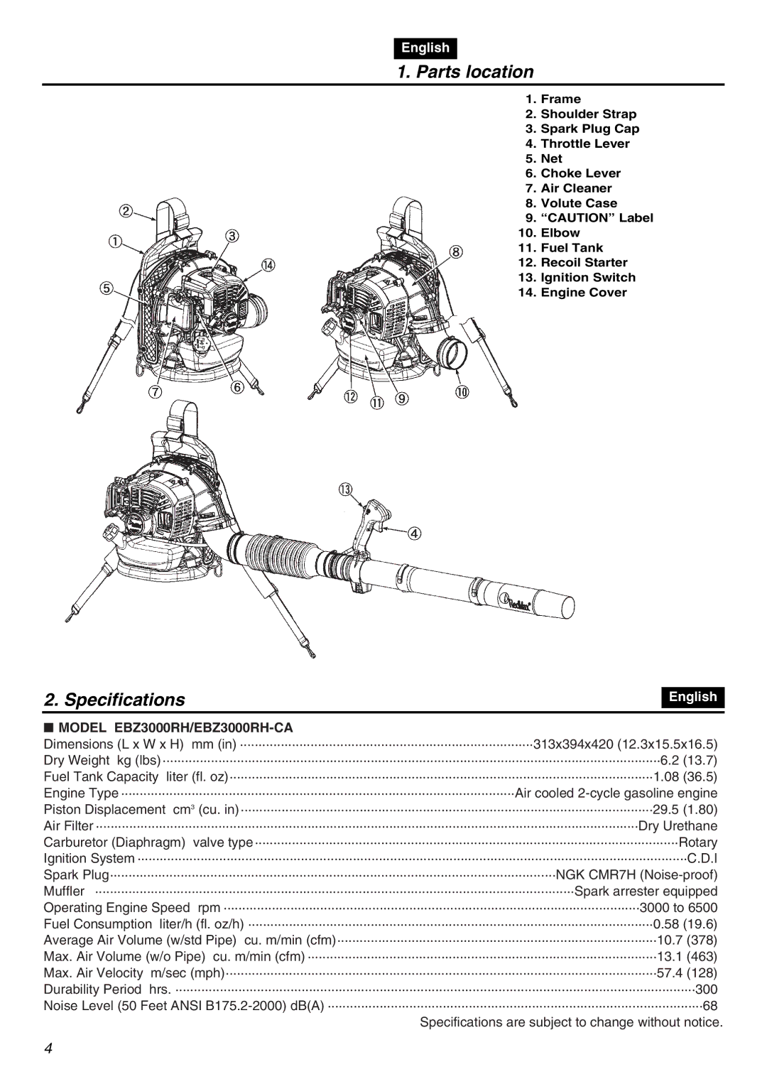 Zenoah manual Parts location, Specifications, Model EBZ3000RH/EBZ3000RH-CA 