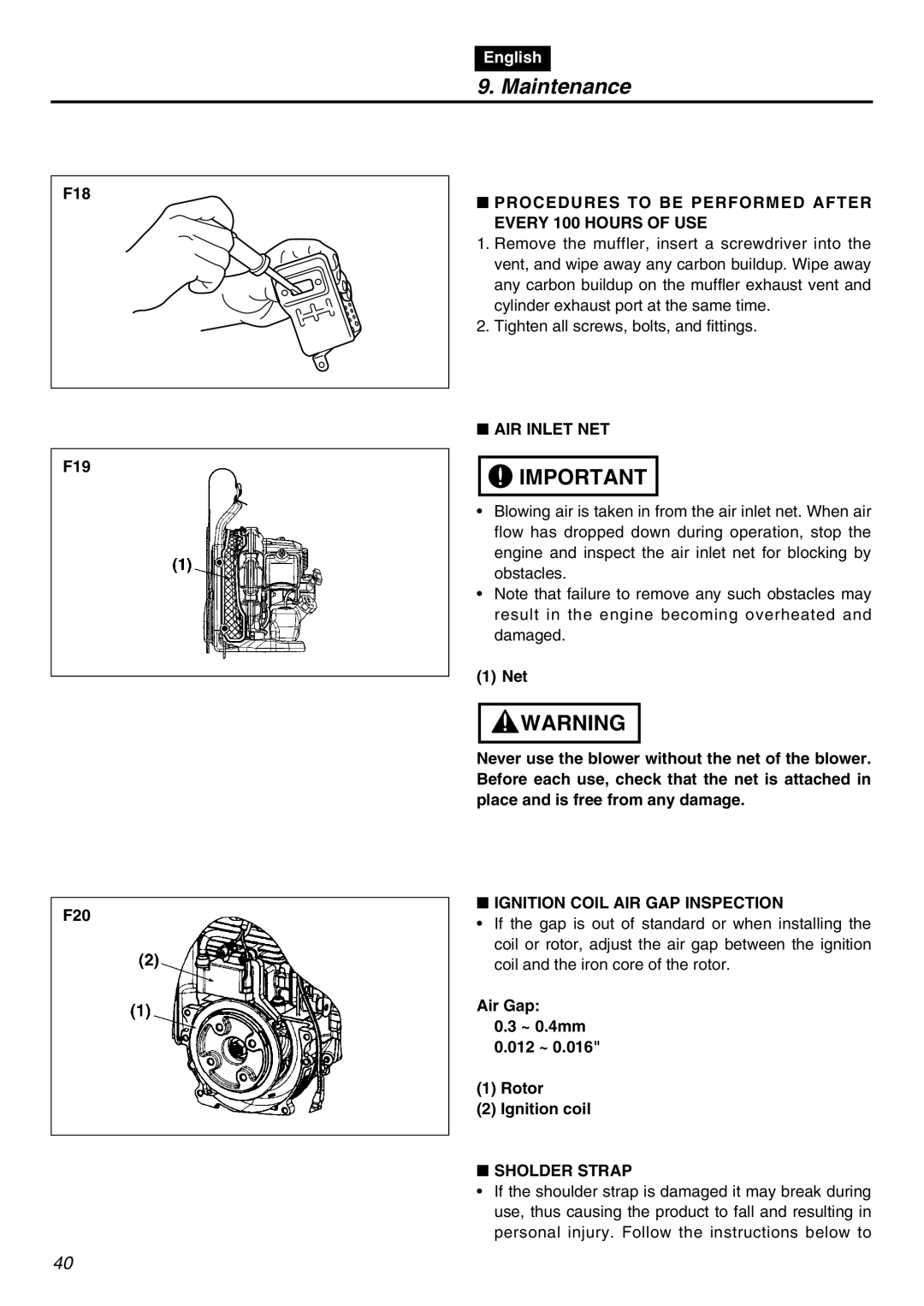 Zenoah EBZ3000RH-CA manual Procedures to be Performed After Every 100 Hours of USE, AIR Inlet NET, Sholder Strap 