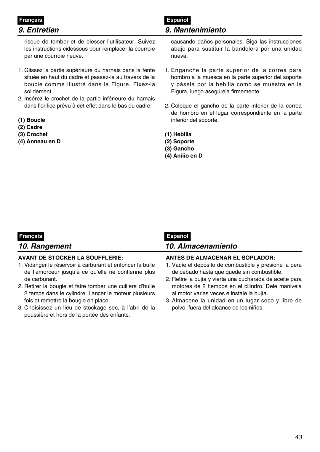 Zenoah EBZ3000 manual Rangement Almacenamiento, Boucle Cadre Crochet Anneau en D, Hebilla Soporte Gancho Aniiio en D 