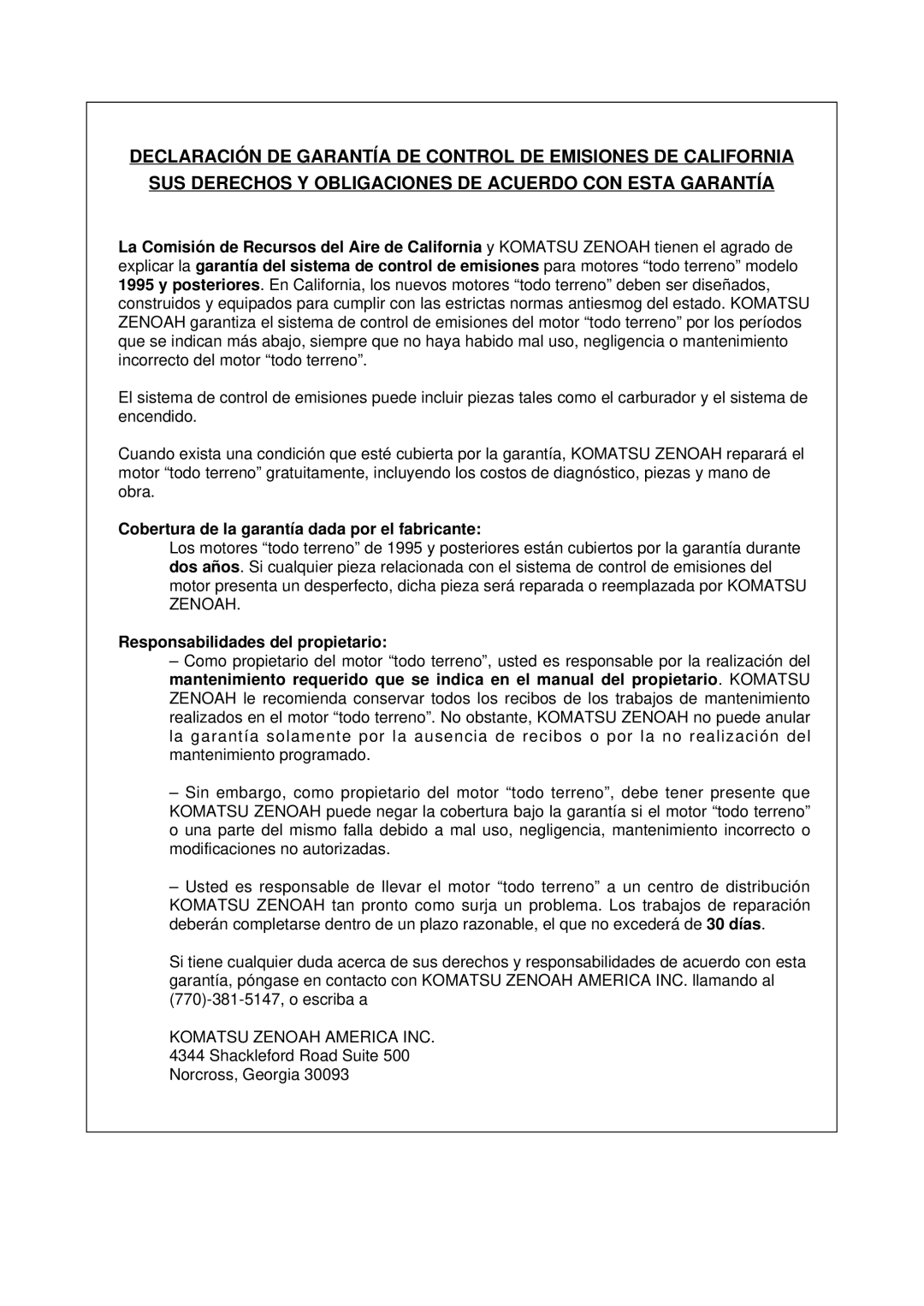 Zenoah EBZ4800RH manual Cobertura de la garantía dada por el fabricante, Responsabilidades del propietario 