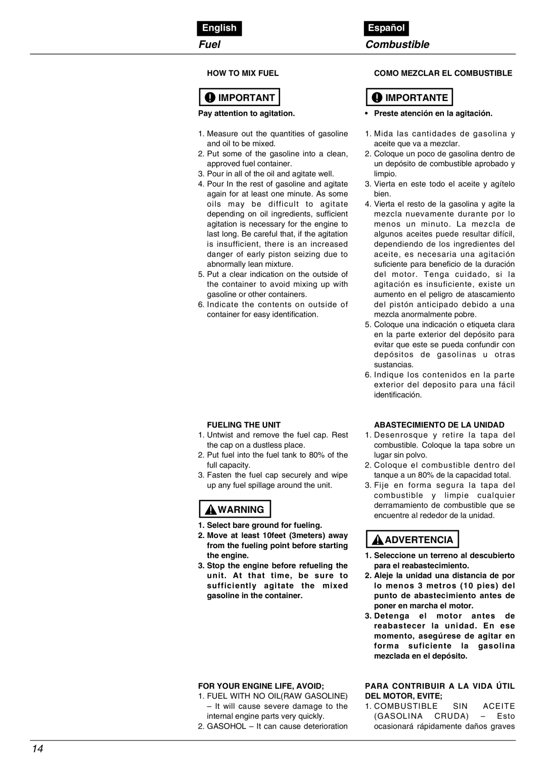 Zenoah EBZ5000RH manual HOW to MIX Fuel Como Mezclar EL Combustible, Fueling the Unit, Abastecimiento DE LA Unidad 