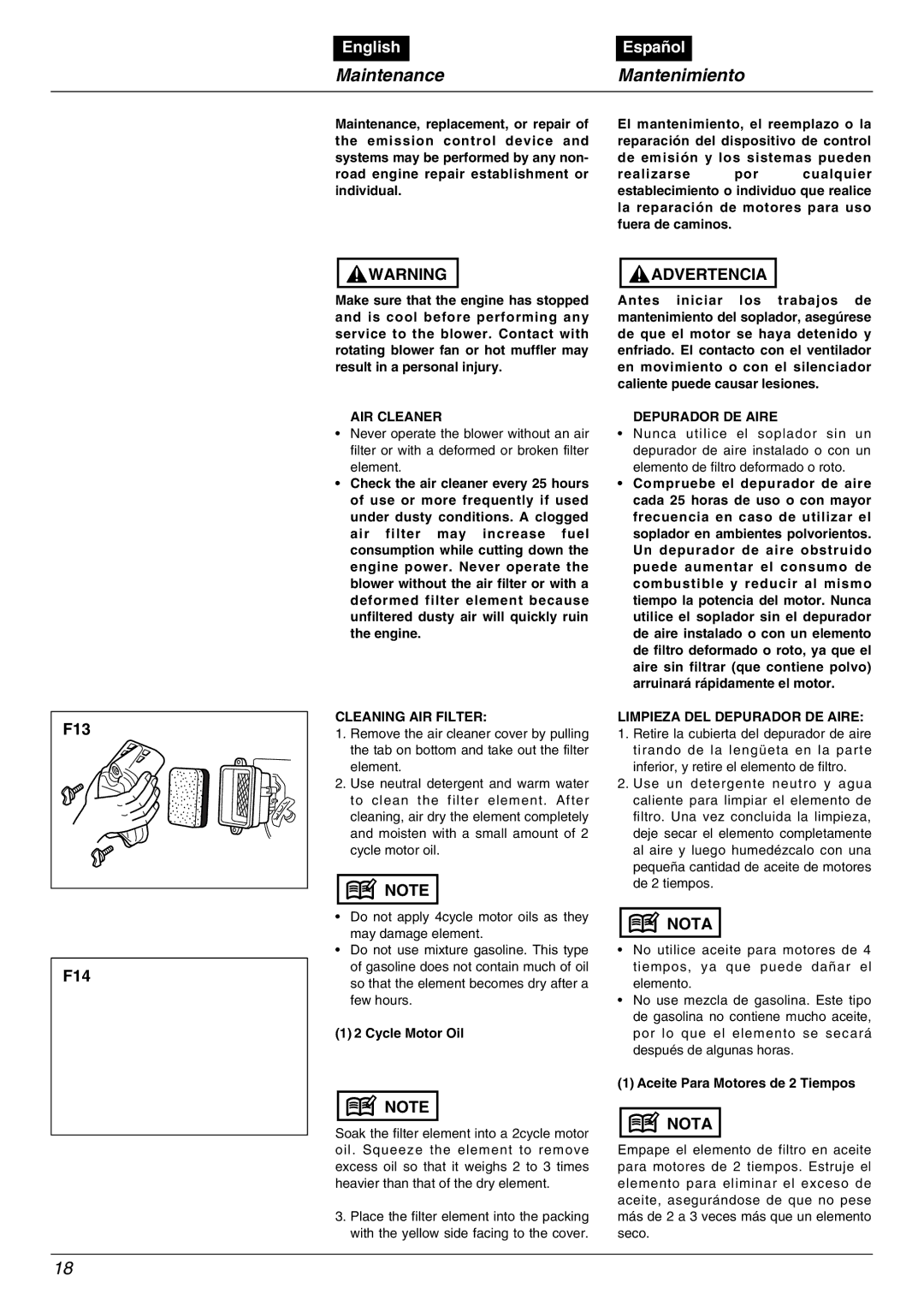 Zenoah EBZ5000RH manual MaintenanceMantenimiento, F13, F14 