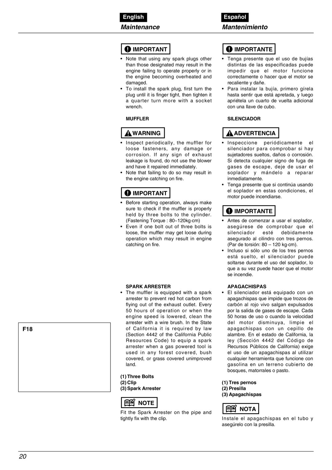 Zenoah EBZ5000RH manual F18, Muffler, Spark Arrester, Silenciador, Apagachispas 