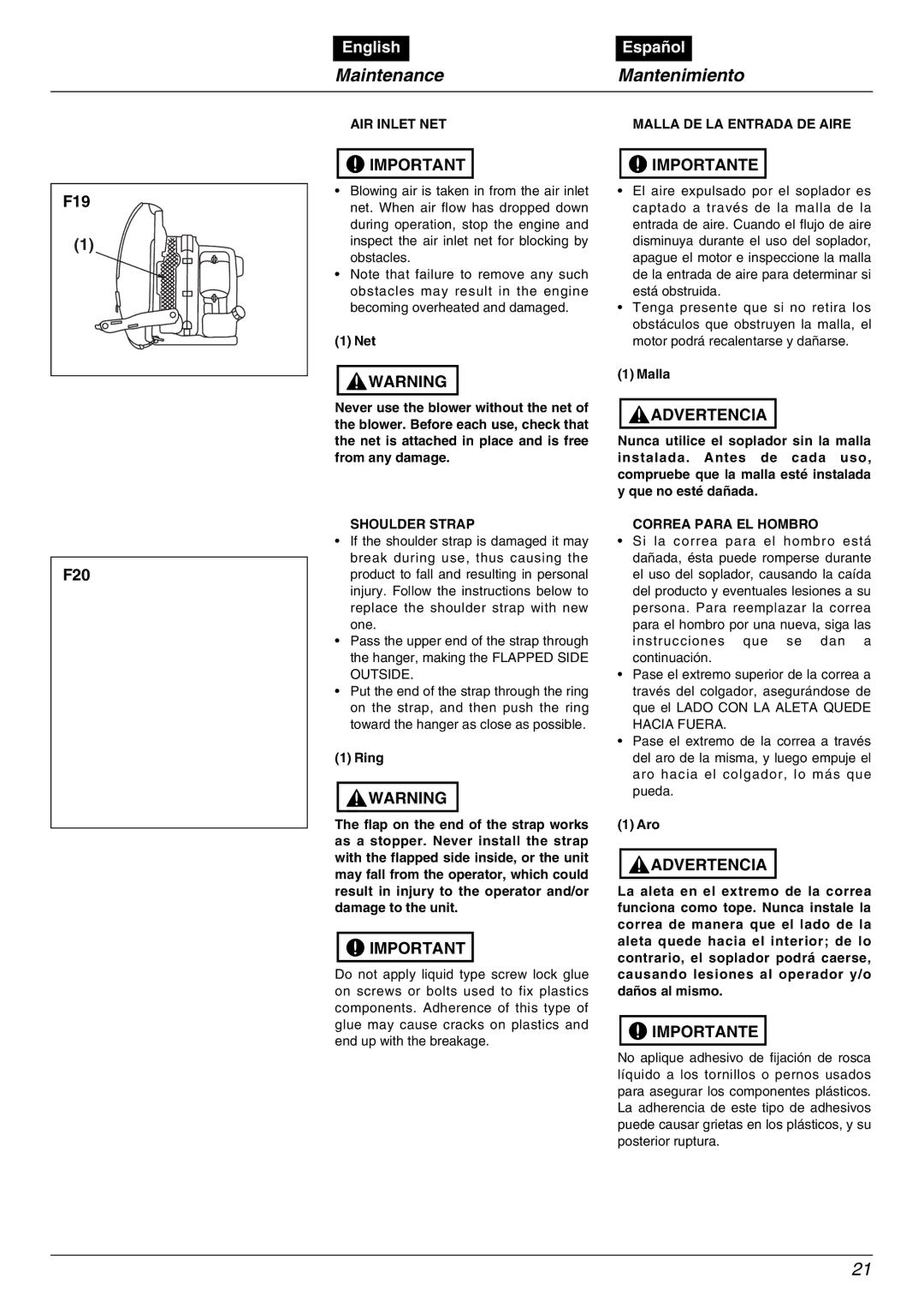 Zenoah EBZ5000RH manual Maintenance Mantenimiento, F19, F20 