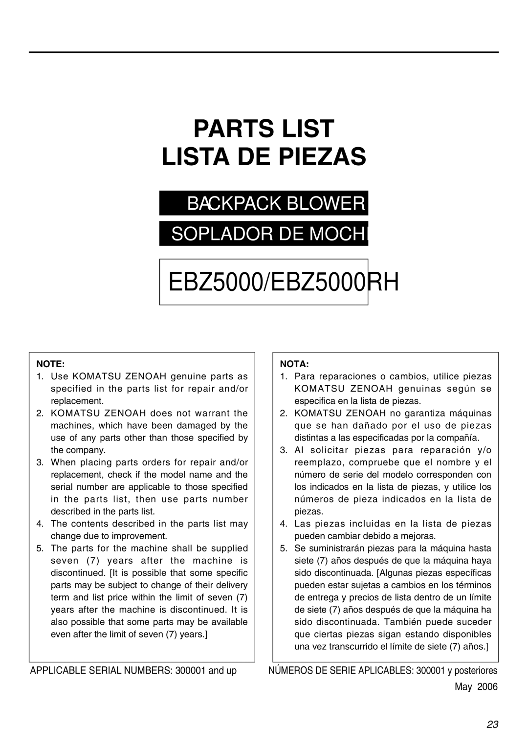 Zenoah EBZ5000RH manual Parts List Lista DE Piezas 