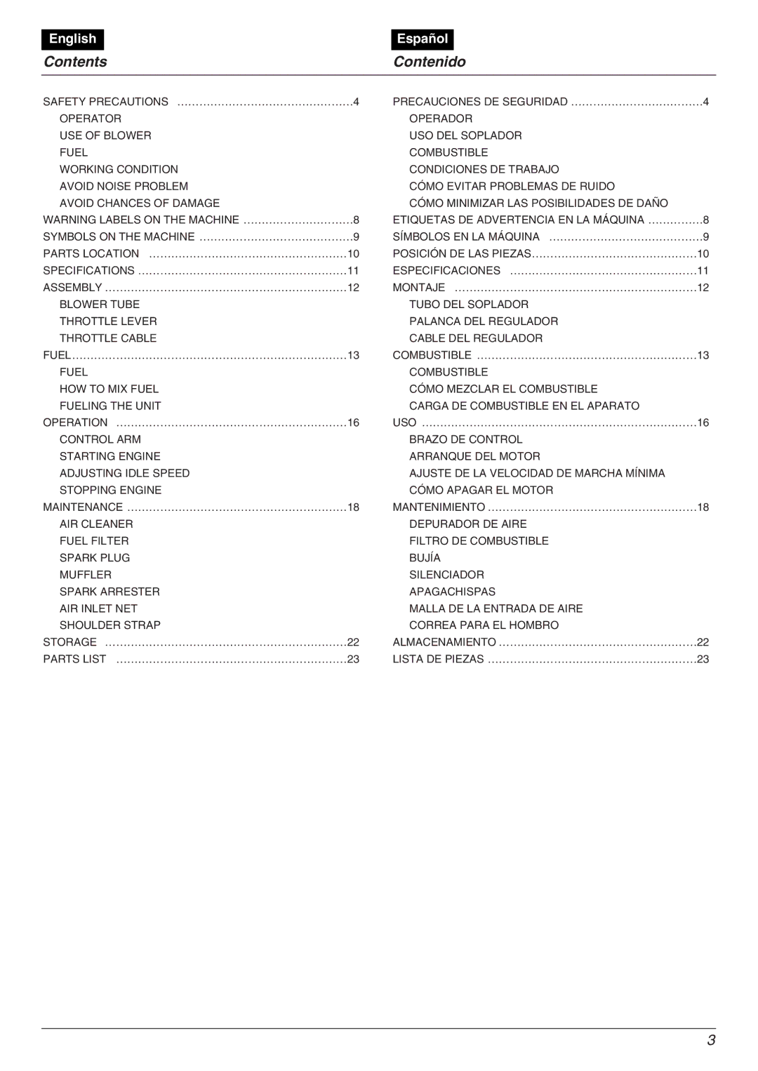 Zenoah EBZ5000RH manual Contents Contenido 