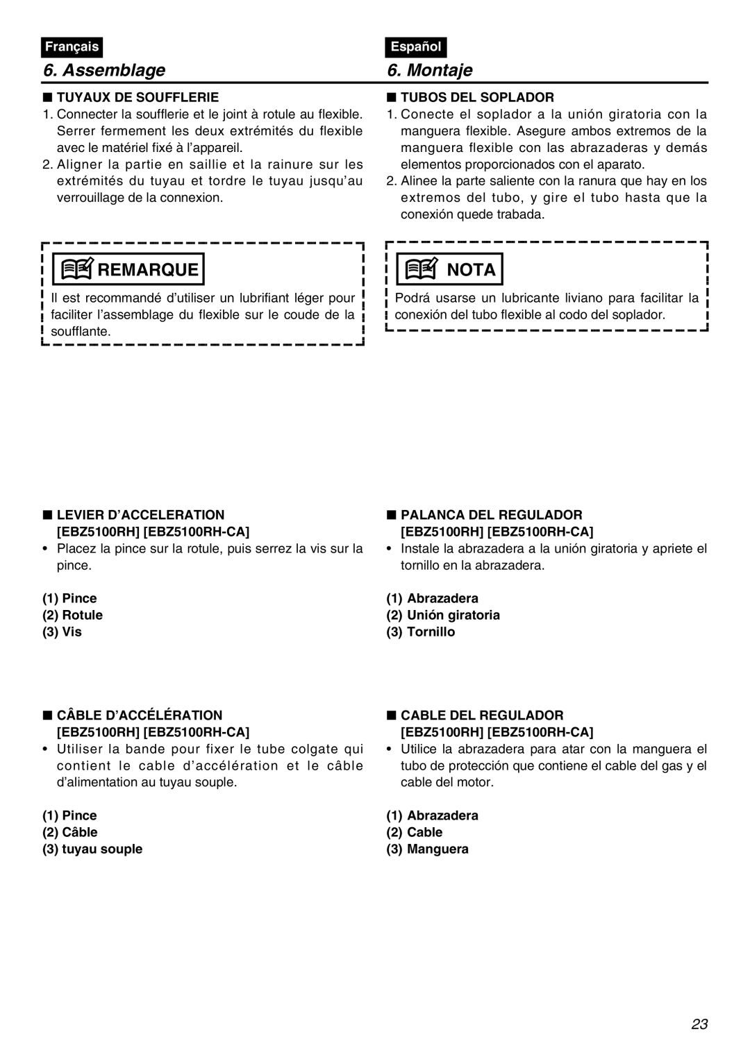 Zenoah EBZ5100-CA manual Levier D’ACCELERATION EBZ5100RH EBZ5100RH-CA, Câble D’ACCÉLÉRATION EBZ5100RH EBZ5100RH-CA 