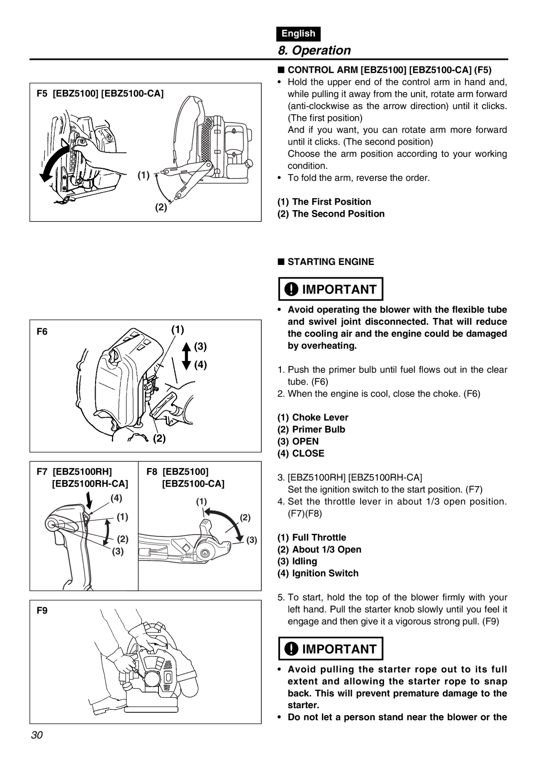 Zenoah EBZ5100-CA, EBZ5100RH-CA manual Operation, Starting Engine, Close 