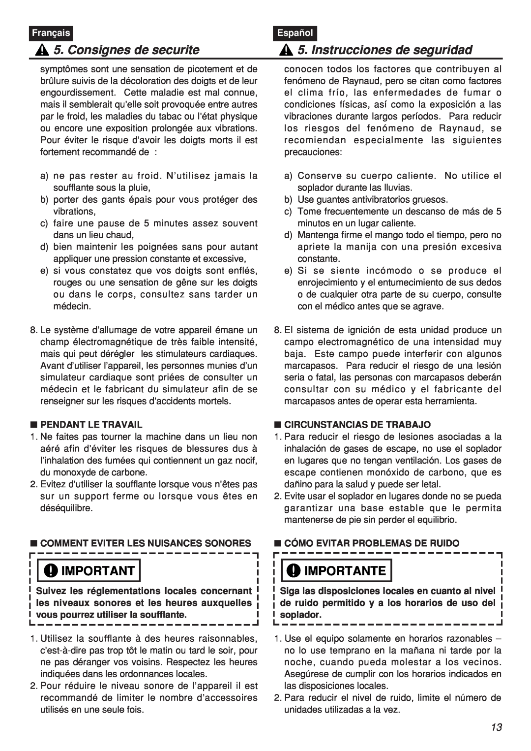 Zenoah EBZ7001RH-CA, EBZ7001-CA manual Consignes de securite, Instrucciones de seguridad, Importante, Français, Español 