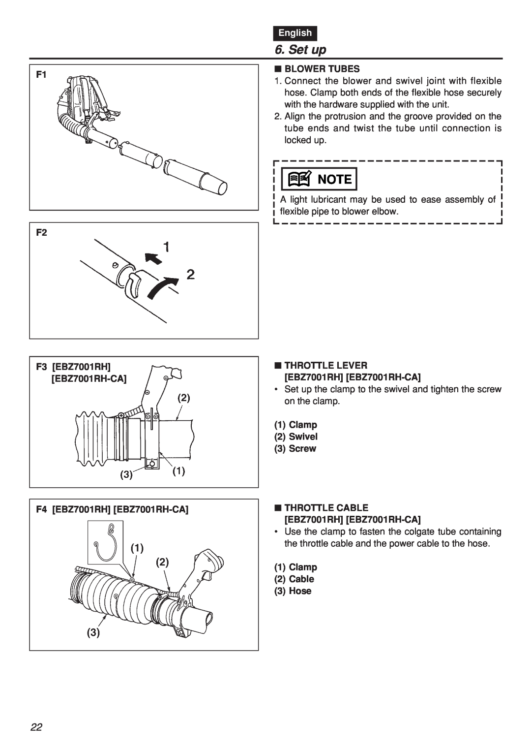 Zenoah Set up, English, F1 F2 F3 EBZ7001RH EBZ7001RH-CA F4 EBZ7001RH EBZ7001RH-CA, Blower Tubes, Clamp 2 Cable 3 Hose 