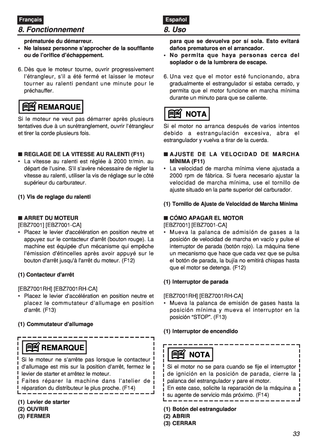 Zenoah EBZ7001RH-CA, EBZ7001-CA manual Fonctionnement, Uso, Remarque, Nota, Français, Español 