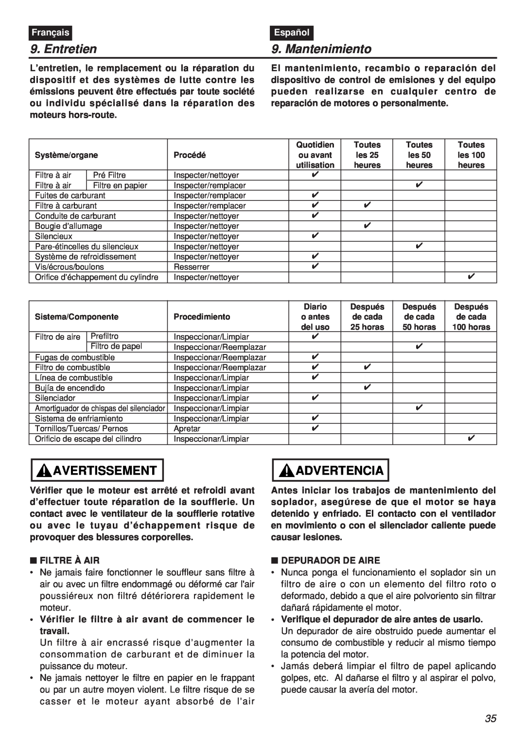 Zenoah EBZ7001-CA, EBZ7001RH-CA manual Entretien, Mantenimiento, Avertissement, Advertencia, Français, Español 