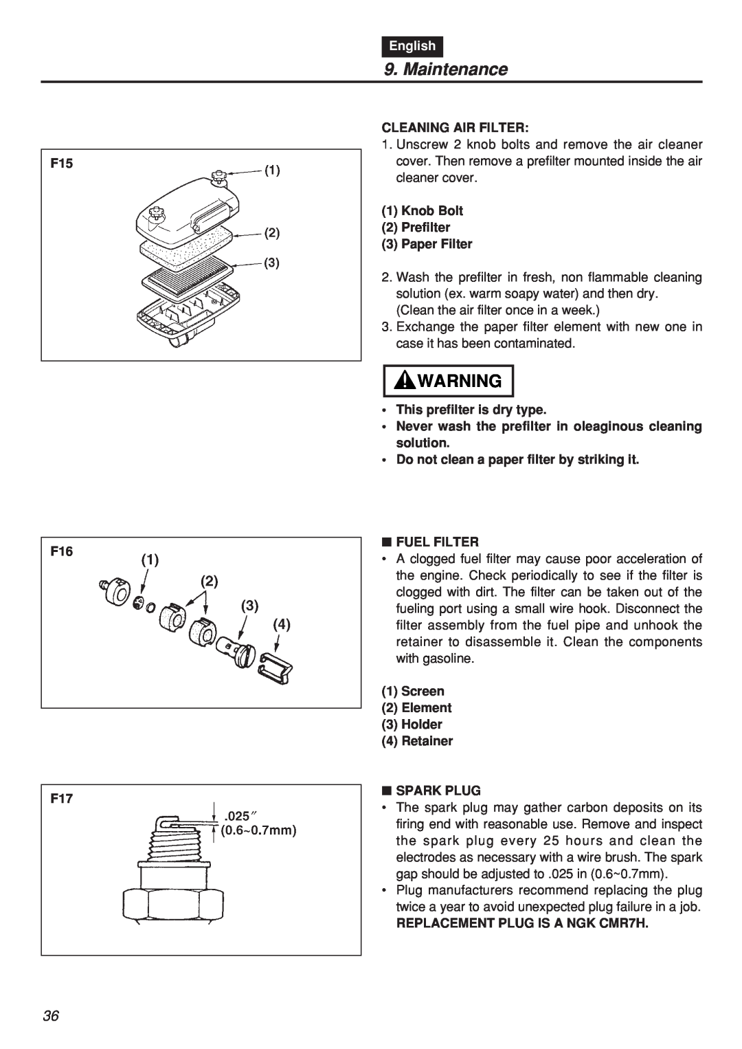 Zenoah EBZ7001RH-CA manual Maintenance, F15 F16 F17, English, Cleaning Air Filter, Knob Bolt 2 Prefilter 3 Paper Filter 