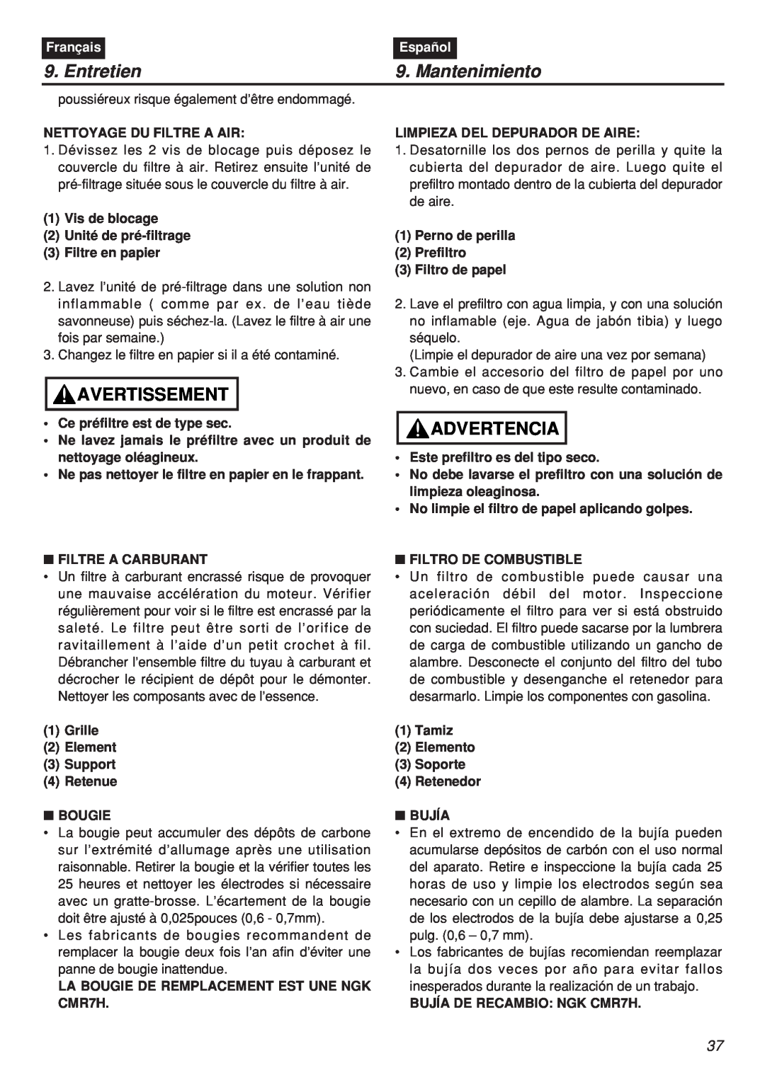 Zenoah EBZ7001RH-CA, EBZ7001-CA manual Entretien, Mantenimiento, Avertissement, Advertencia, Français, Español 