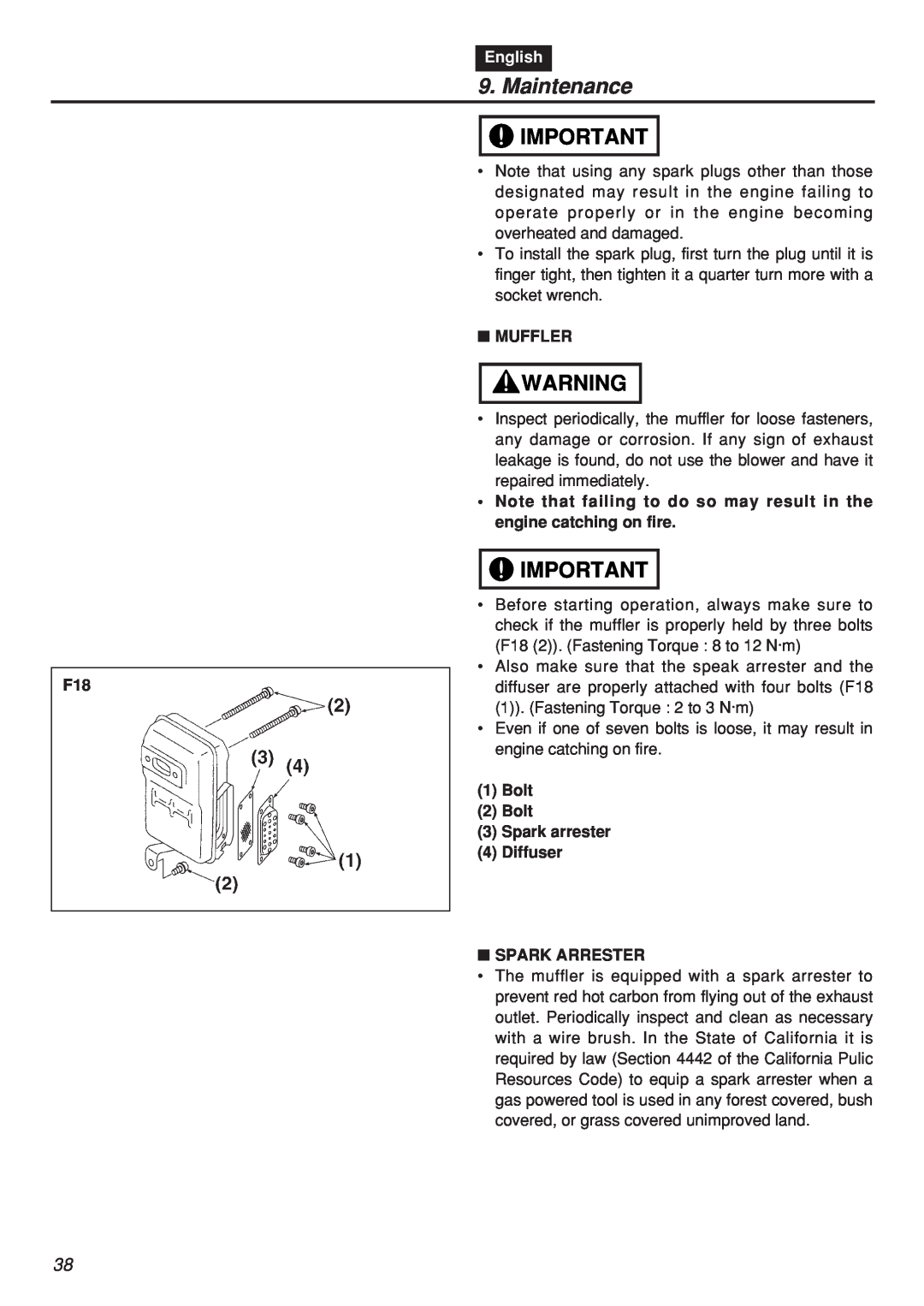 Zenoah EBZ7001RH manual Maintenance, English, Muffler, Note that failing to do so may result in the engine catching on fire 