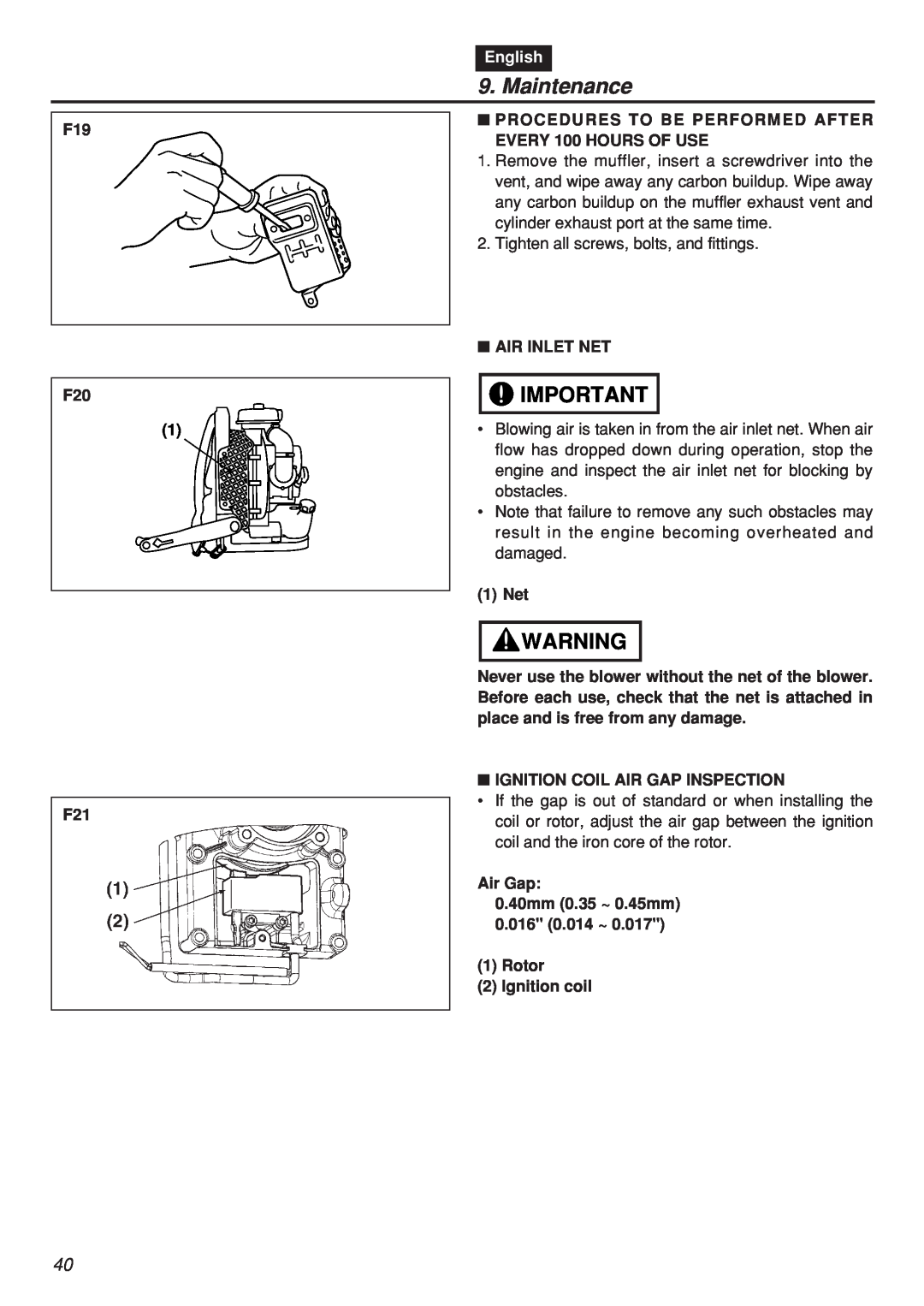 Zenoah EBZ7001RH-CA, EBZ7001-CA manual Maintenance, F19 F20, English 