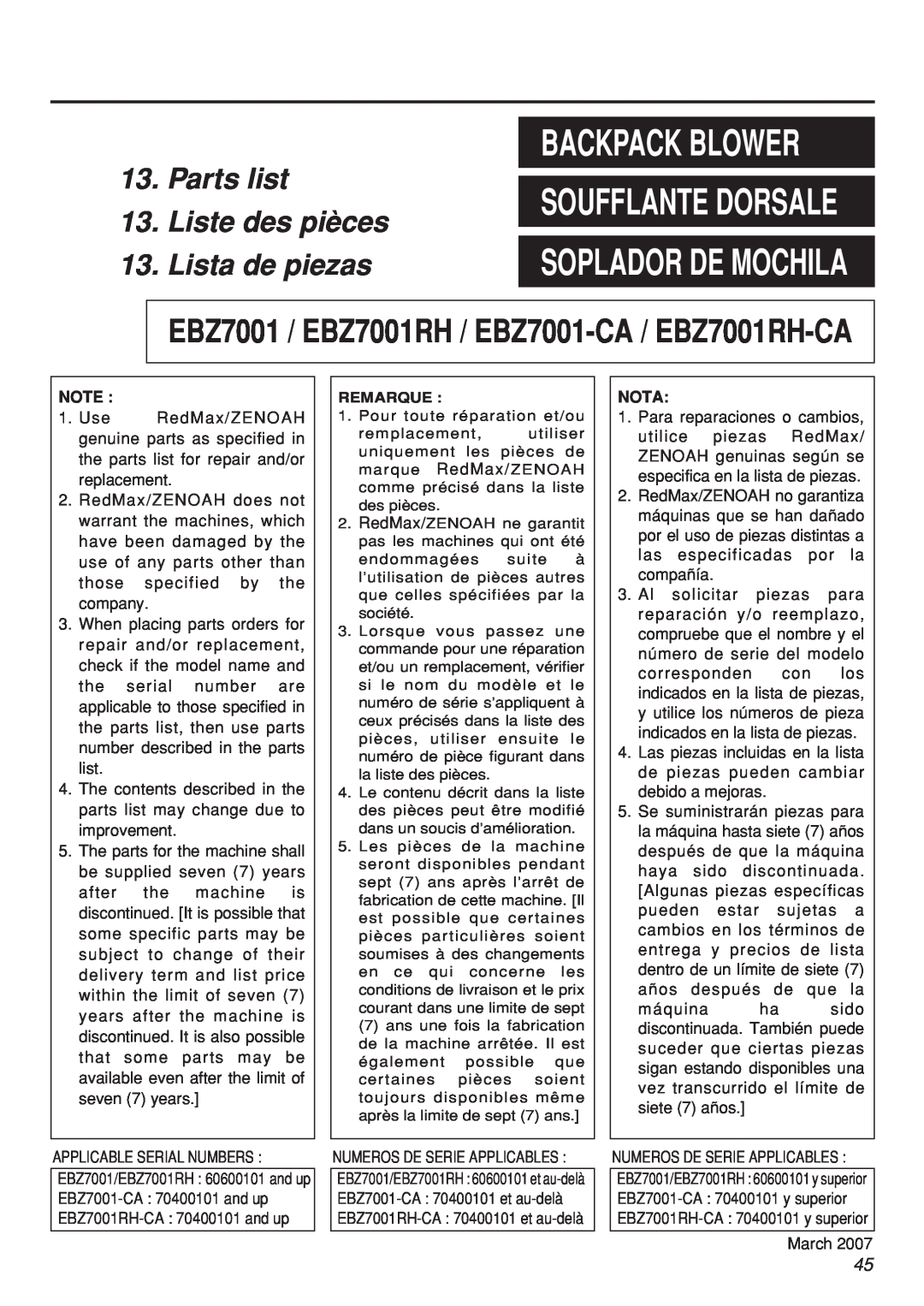 Zenoah EBZ7001RH-CA, EBZ7001-CA manual Backpack Blower, Soufflante Dorsale, Soplador De Mochila 