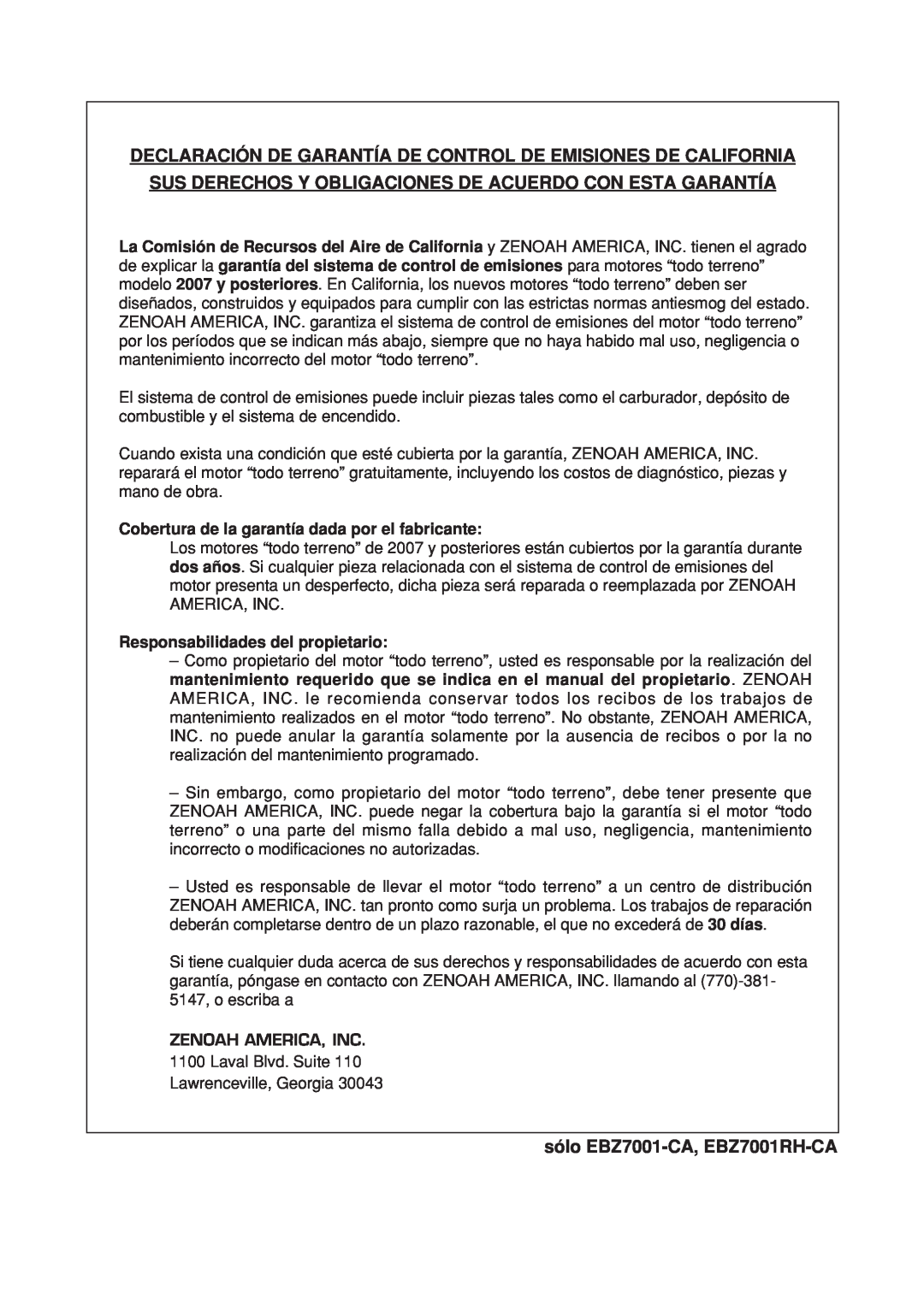 Zenoah manual Declaración De Garantía De Control De Emisiones De California, sólo EBZ7001-CA, EBZ7001RH-CA 