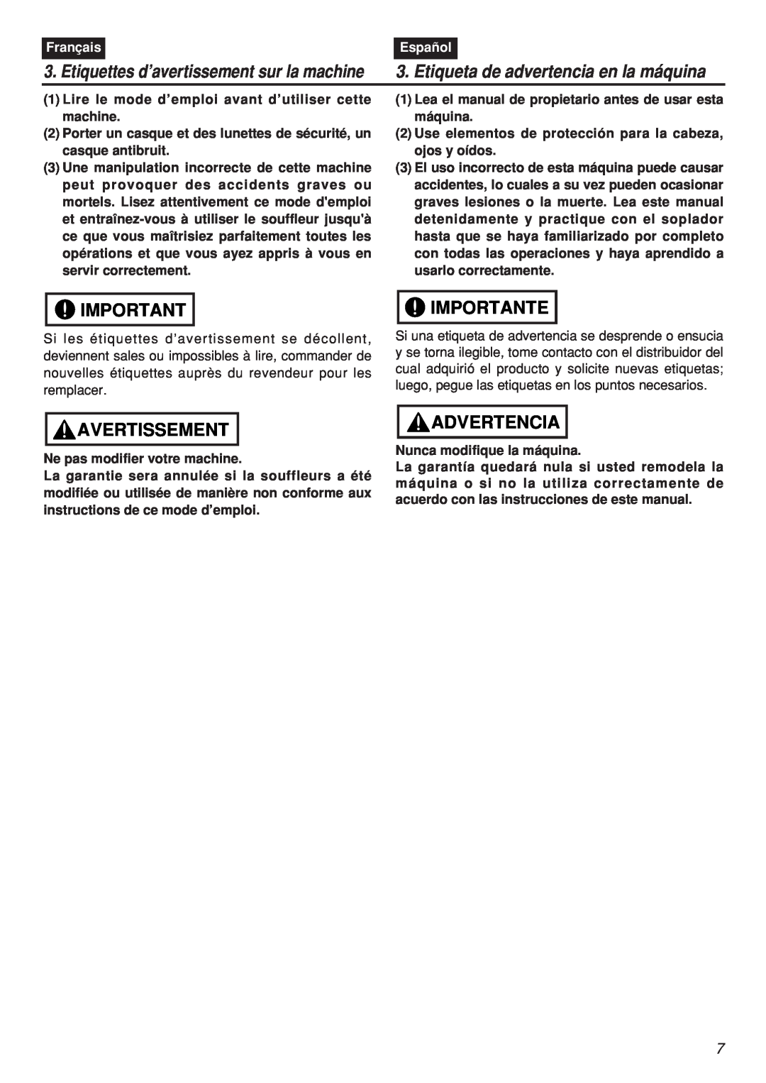 Zenoah EBZ7001-CA Avertissement, Importante, Advertencia, Etiquettes d’avertissement sur la machine, Français, Español 