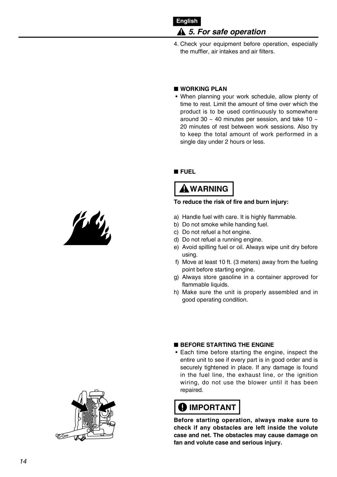 Zenoah EBZ7100 manual Working Plan, Fuel, To reduce the risk of fire and burn injury, Before Starting the Engine 