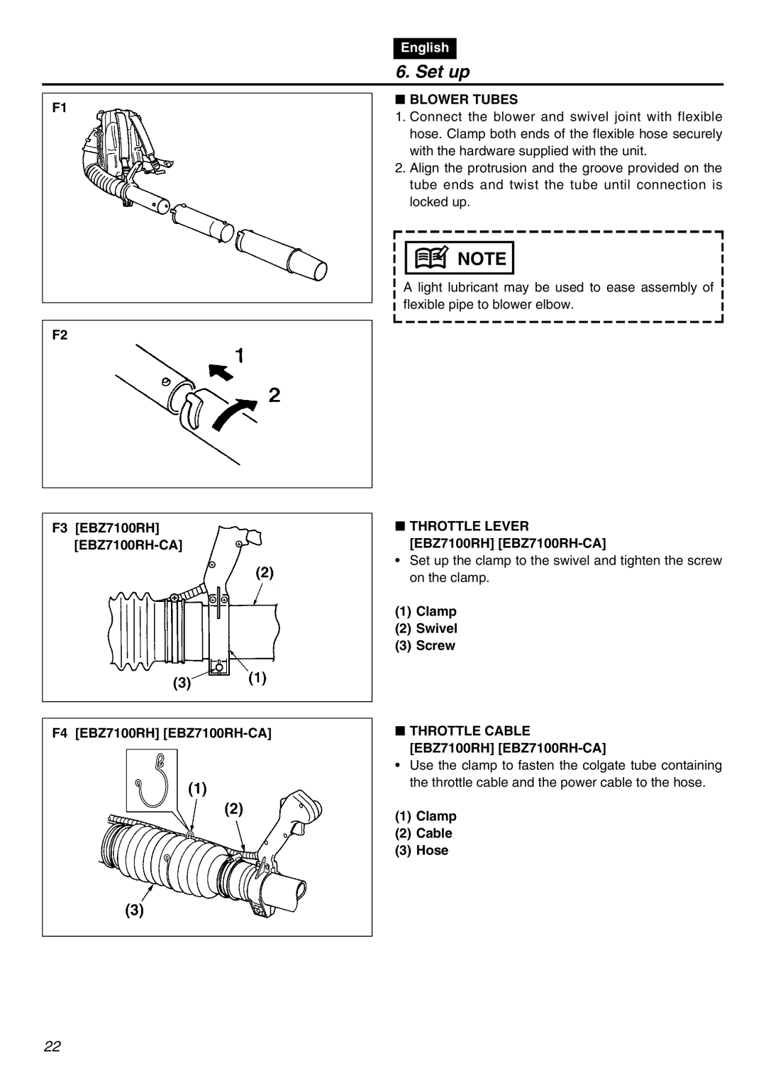 Zenoah manual Set up, Blower Tubes, Throttle Lever EBZ7100RH EBZ7100RH-CA, Throttle Cable EBZ7100RH EBZ7100RH-CA 