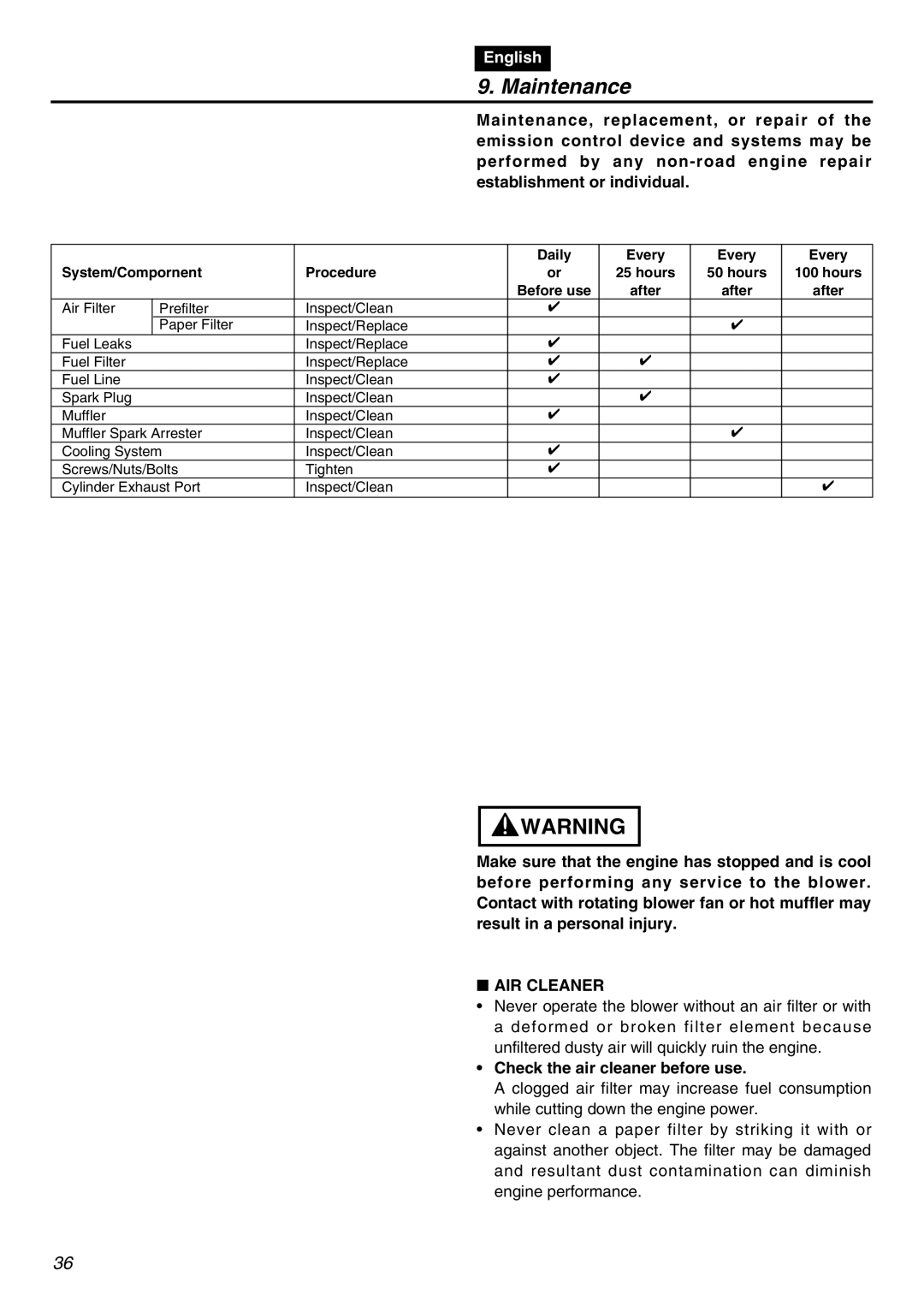 Zenoah EBZ7100 manual Maintenance, AIR Cleaner 