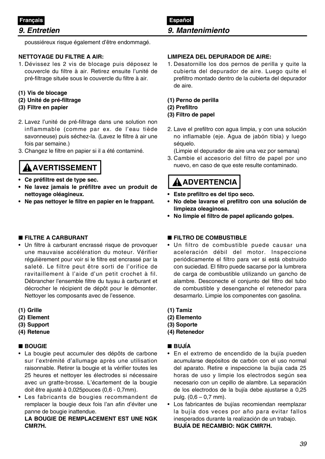 Zenoah EBZ7100 Nettoyage DU Filtre a AIR, Filtre a Carburant, Limpieza DEL Depurador DE Aire, Filtro DE Combustible, Bujía 