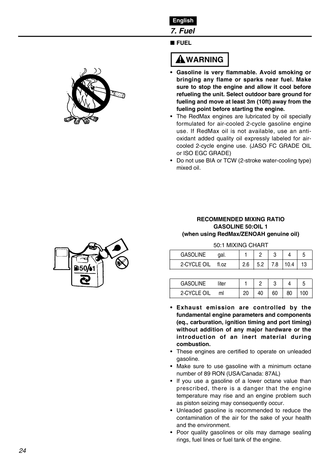 Zenoah EBZ7100RH-CA, EBZ7100-CA Fuel, Recommended Mixing Ratio Gasoline 50OIL, When using RedMax/ZENOAH genuine oil 