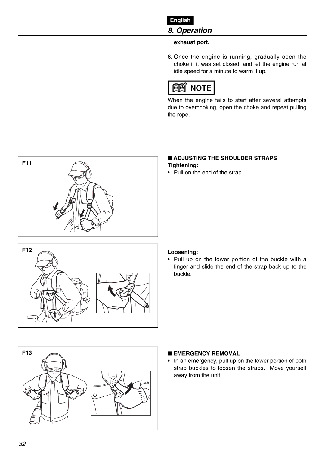 Zenoah EBZ7100-CA manual F11 F12 F13, Exhaust port, Adjusting the Shoulder Straps Tightening, Loosening, Emergency Removal 