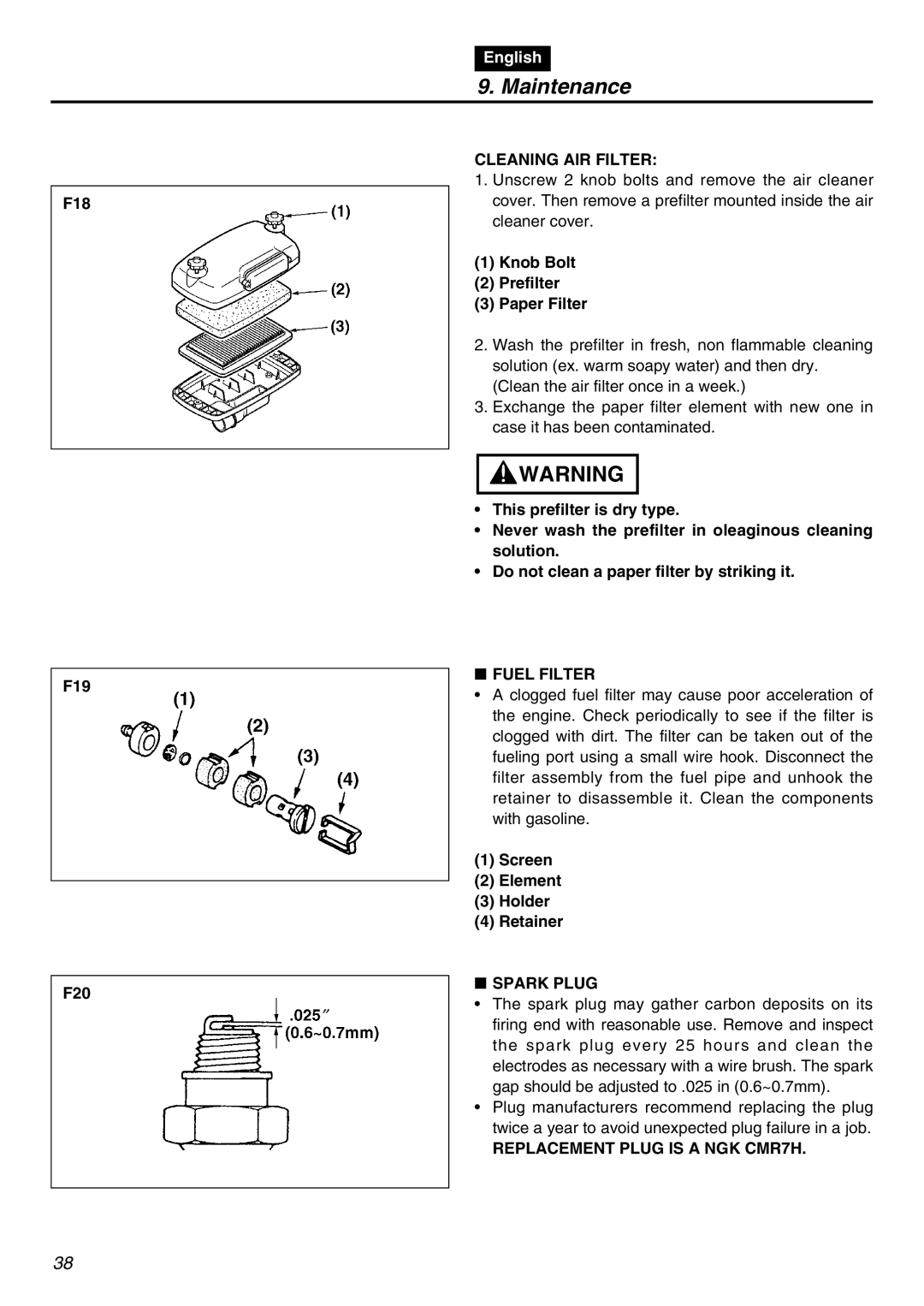 Zenoah EBZ7100-CA, EBZ7100RH-CA manual Cleaning AIR Filter, Fuel Filter, Spark Plug, Replacement Plug is a NGK CMR7H 