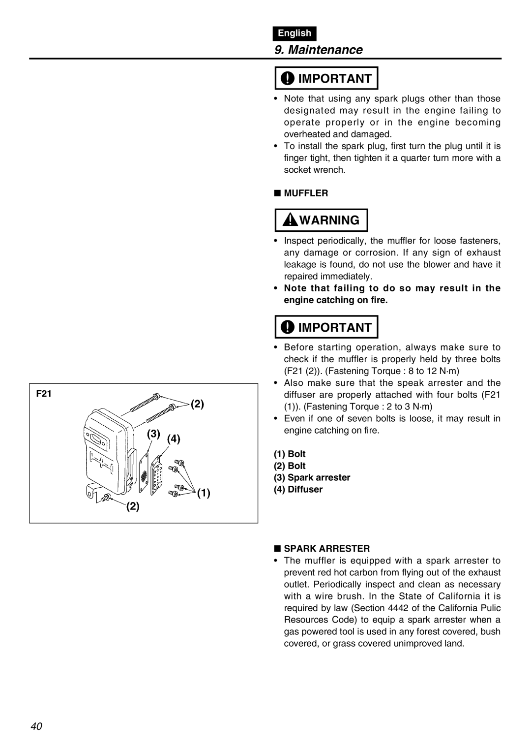 Zenoah EBZ7100RH-CA, EBZ7100-CA manual F21, Muffler, Bolt Spark arrester Diffuser, Spark Arrester 