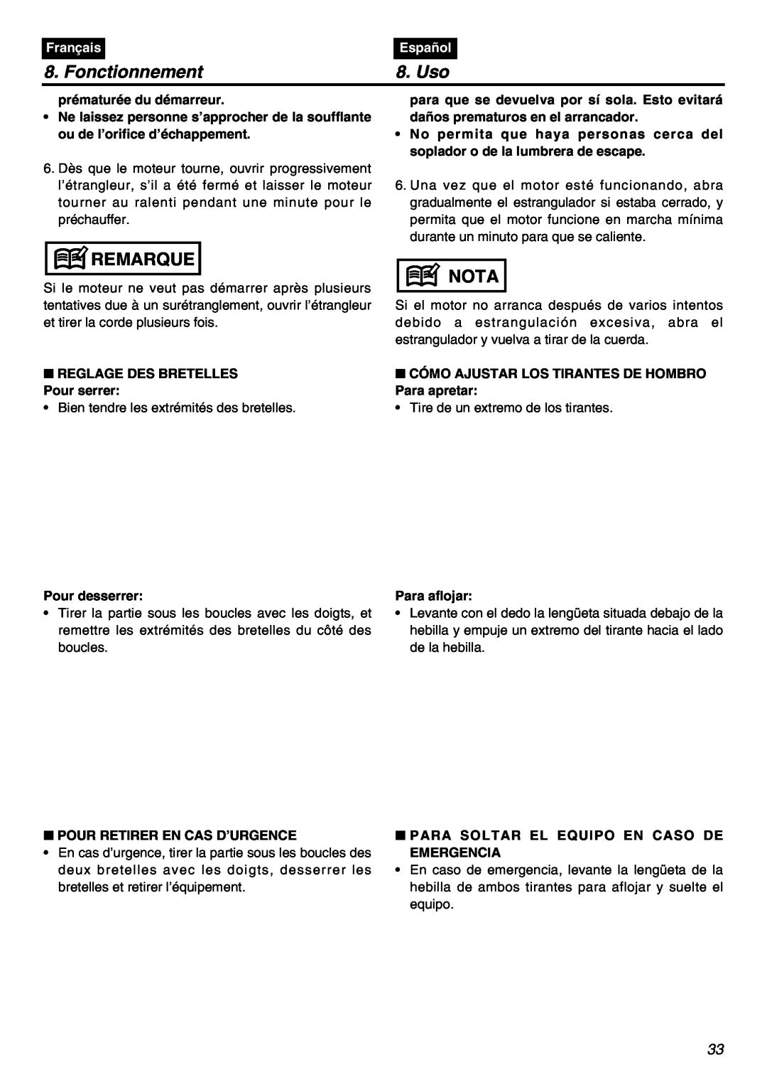 Zenoah EBZ7100RH-CA, EBZ7100-CA manual Fonctionnement, Uso, Remarque, Nota, Français, Español 