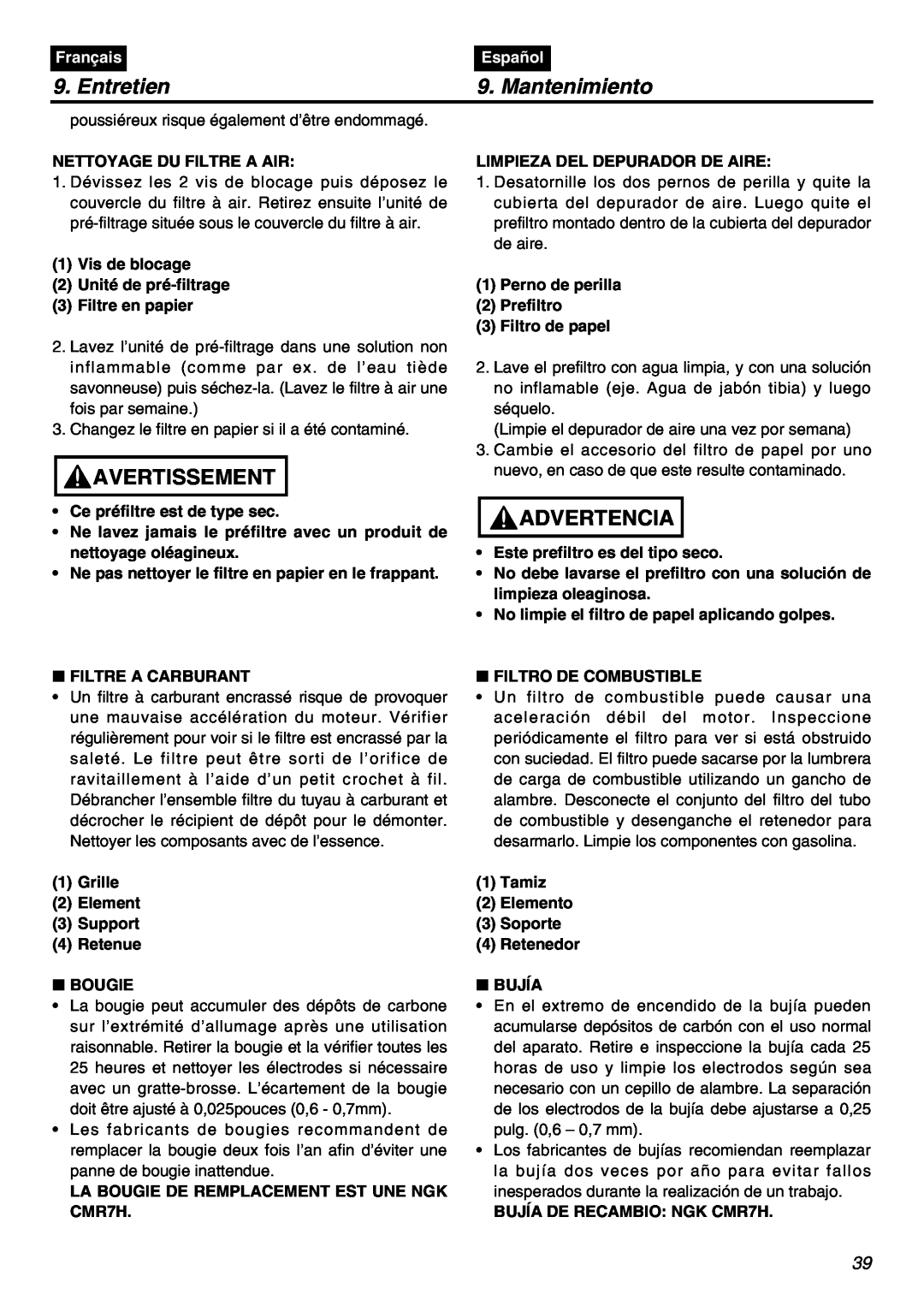 Zenoah EBZ7100RH-CA, EBZ7100-CA manual Entretien, Mantenimiento, Avertissement, Advertencia, Français, Español 