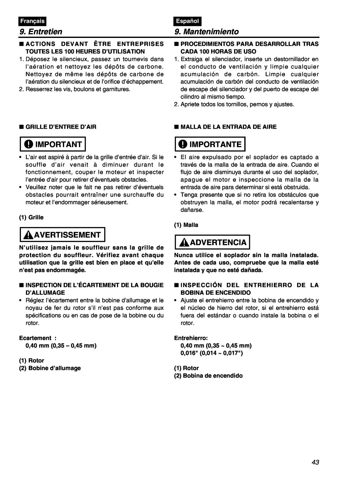 Zenoah EBZ7100RH-CA, EBZ7100-CA manual Entretien, Mantenimiento, Importante, Avertissement, Advertencia, Français, Español 