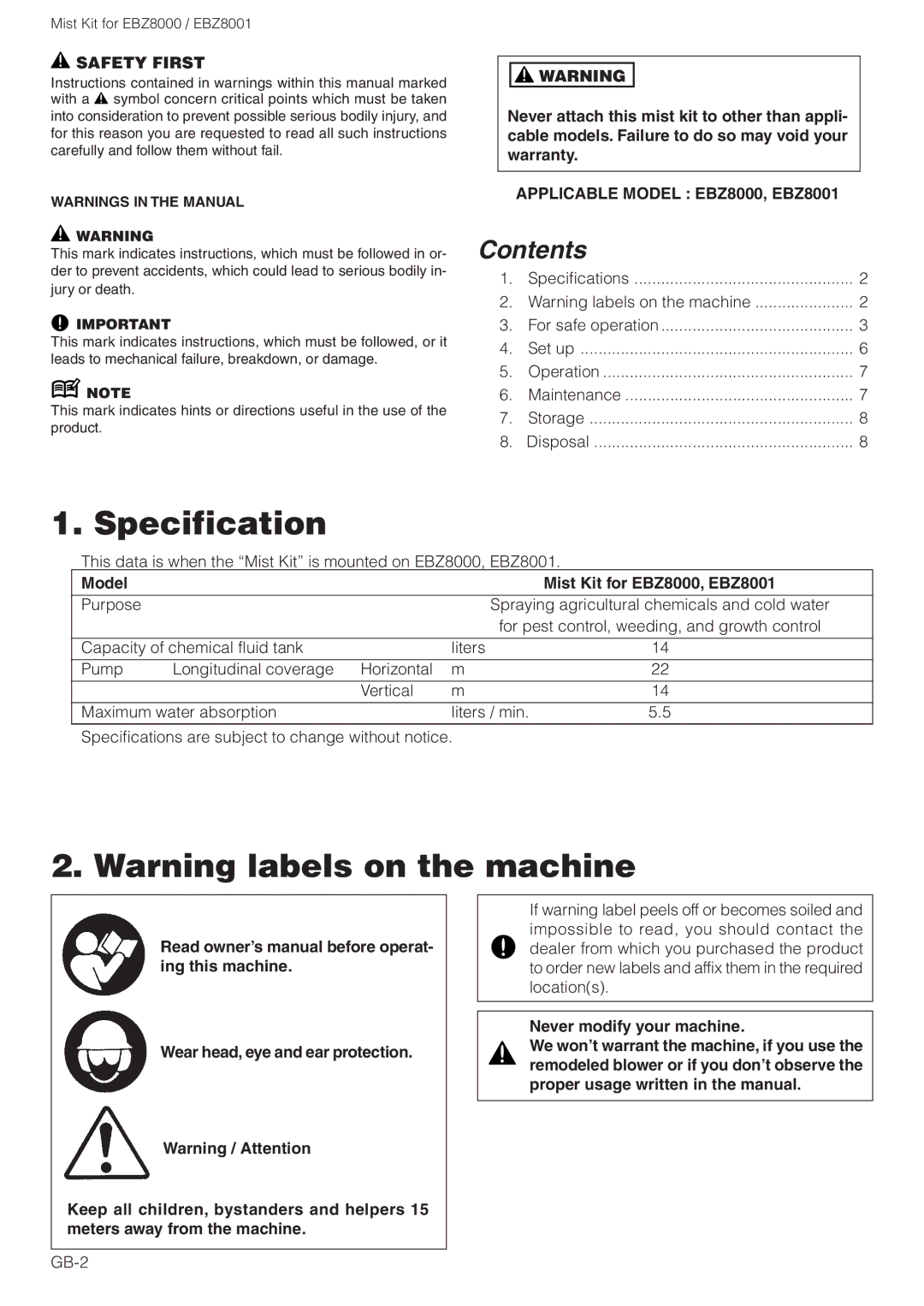 Zenoah owner manual Specification, Safety First, Applicable Model EBZ8000, EBZ8001, Purpose 