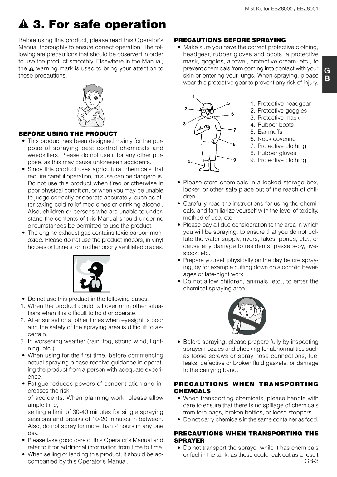 Zenoah EBZ8000 owner manual For safe operation, Before Using the Product, Precautions Before Spraying 