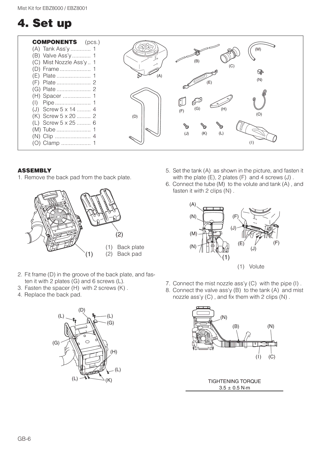 Zenoah EBZ8000 owner manual Set up, Components, Assembly 