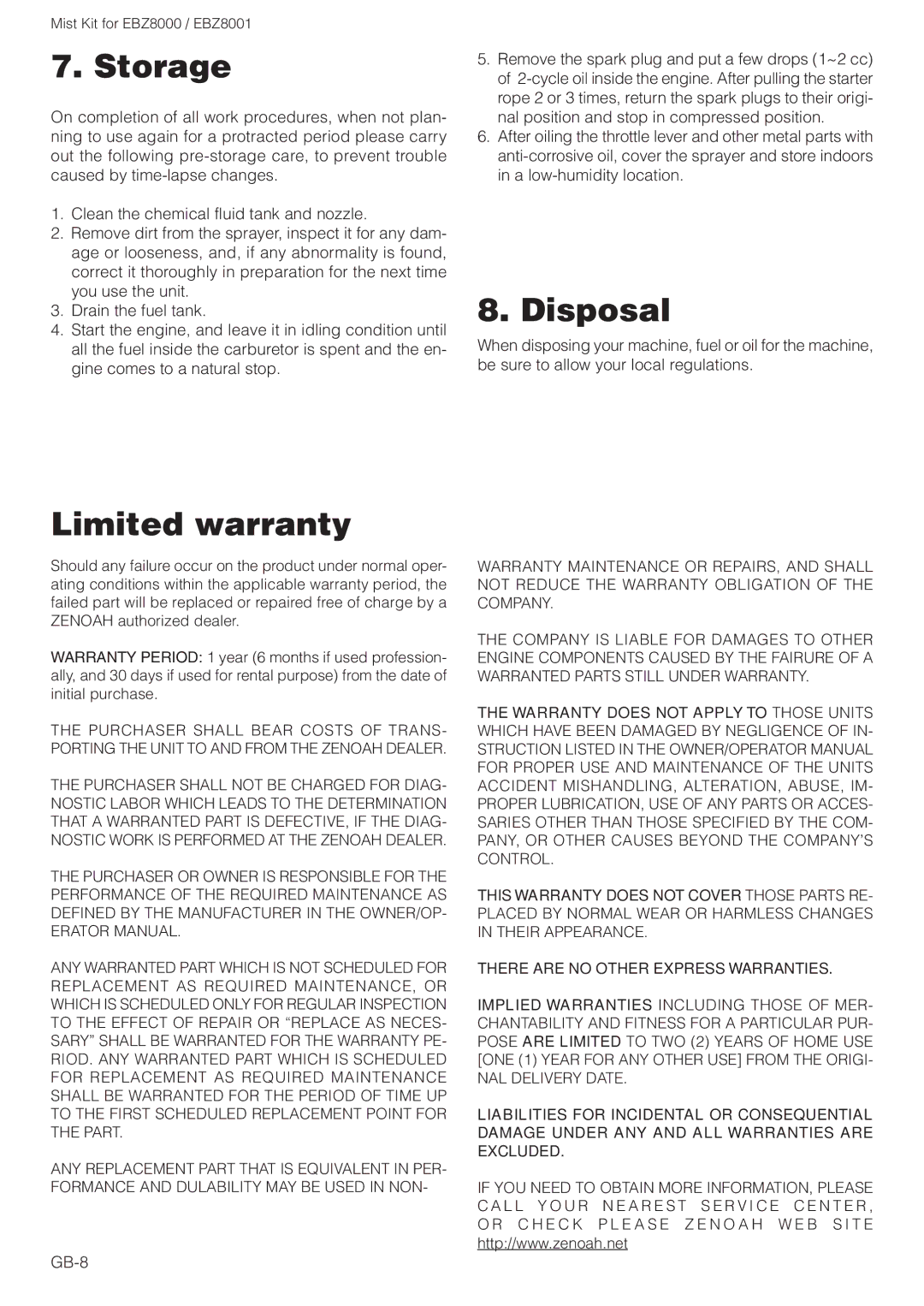 Zenoah EBZ8000 owner manual Storage, Limited warranty, Disposal, GB-8 