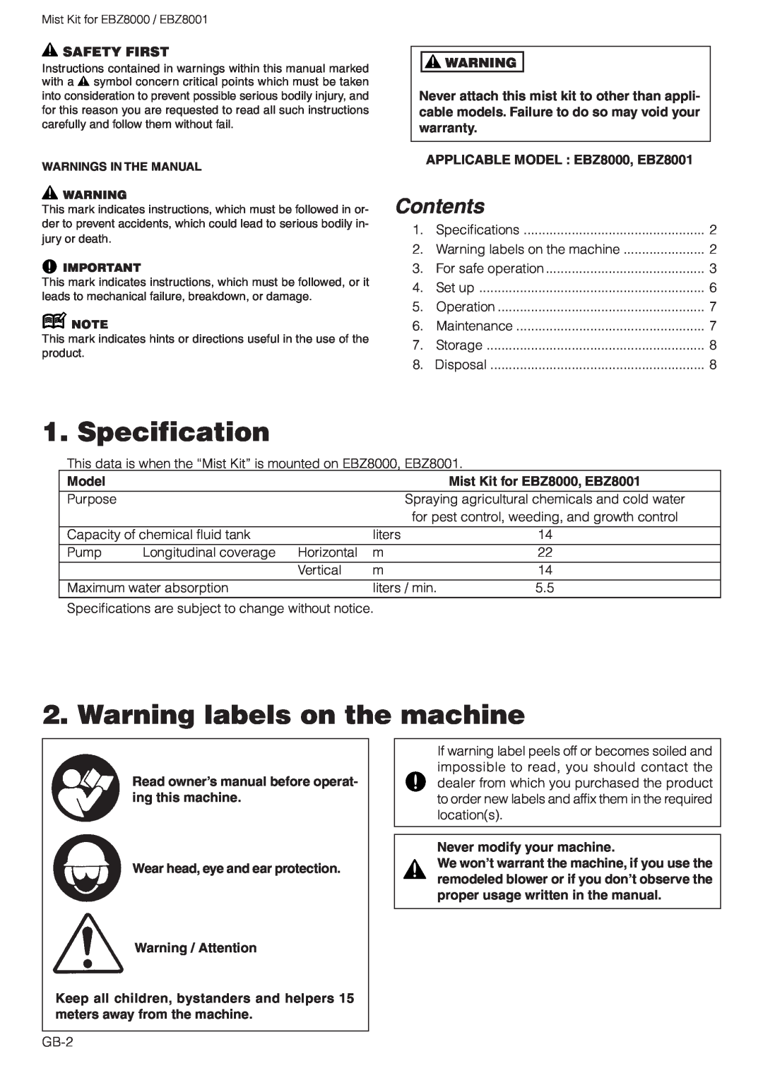 Zenoah Specification, Warning labels on the machine, Safety First, APPLICABLE MODEL EBZ8000, EBZ8001, Model, Contents 