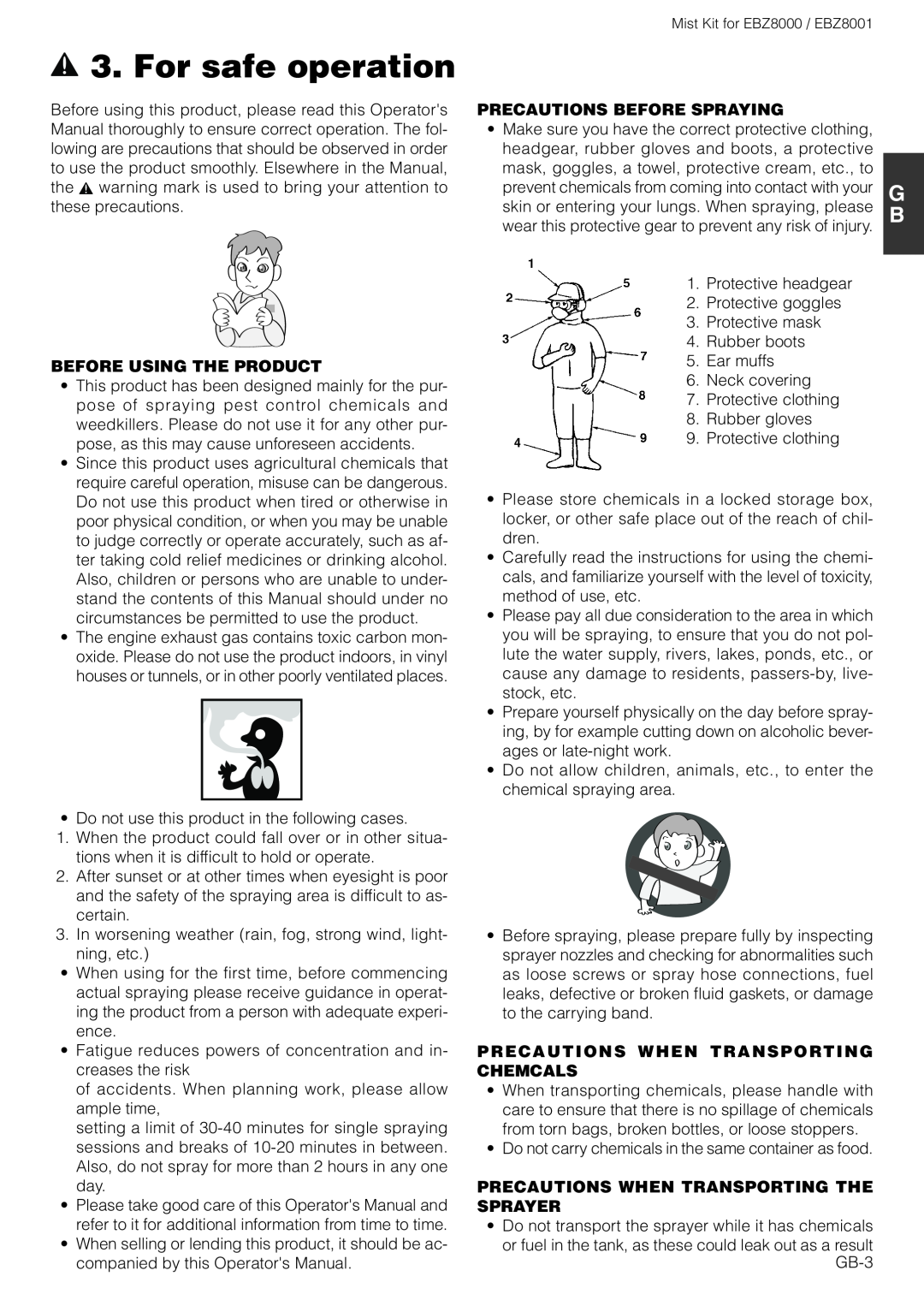 Zenoah EBZ8000 owner manual For safe operation, Before Using The Product, Precautions Before Spraying 