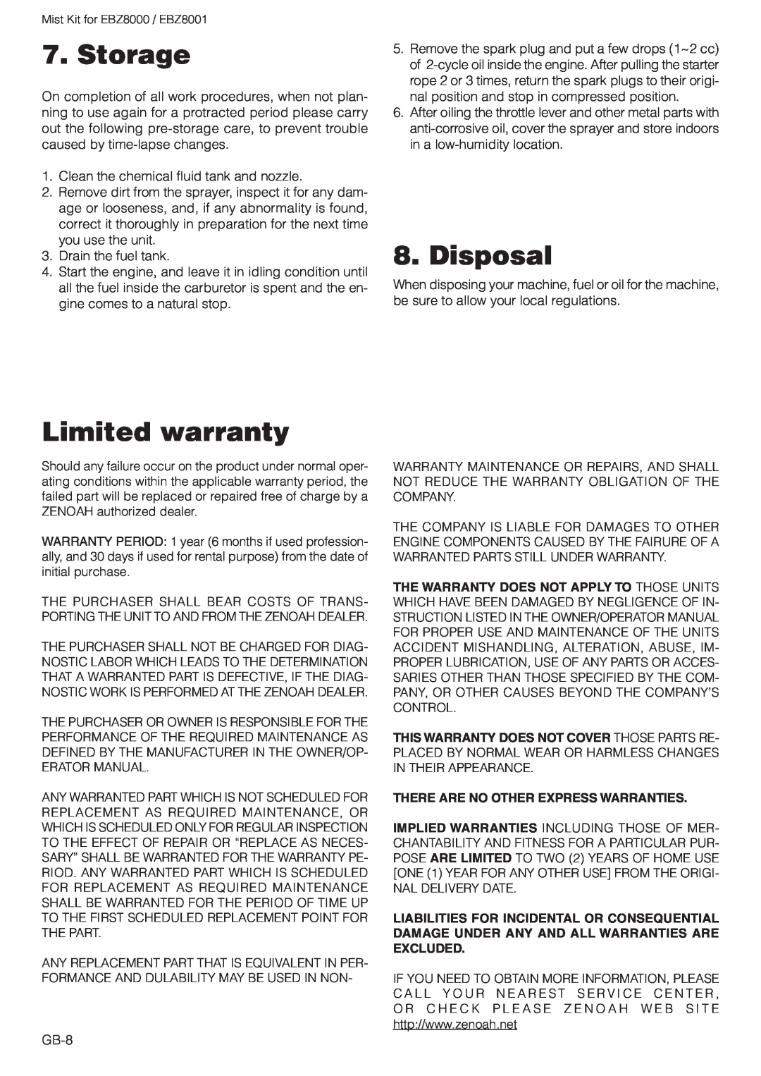 Zenoah EBZ8000 owner manual Storage, Limited warranty, Disposal 