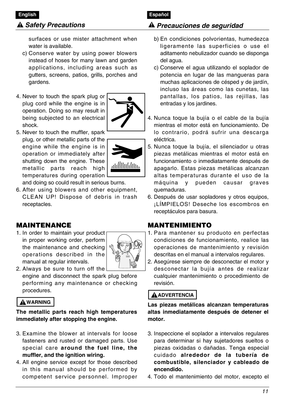 Zenoah EBZ8000/8000RH manual Maintenance, Mantenimiento 