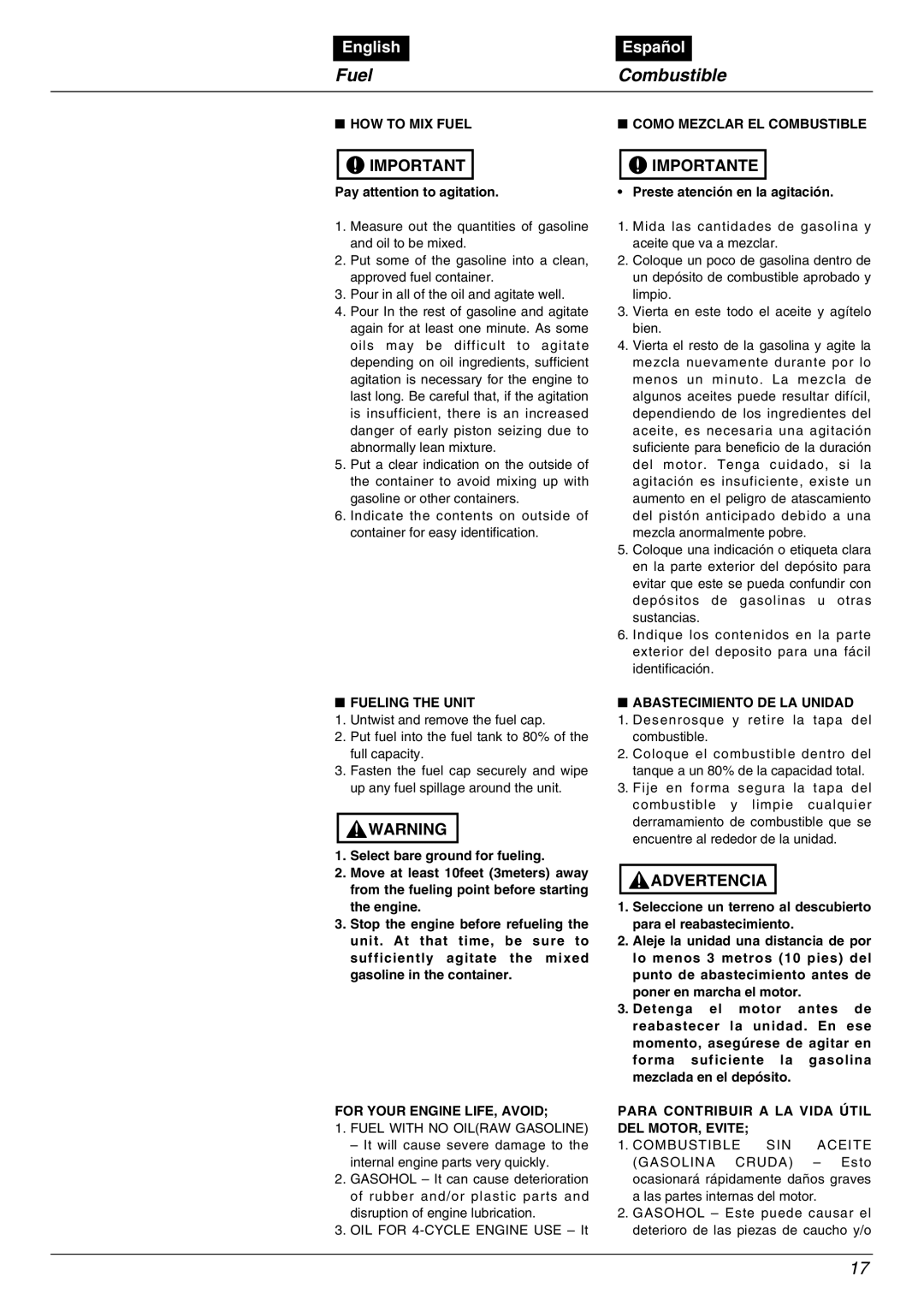 Zenoah EBZ8000/8000RH manual HOW to MIX Fuel Como Mezclar EL Combustible, Fueling the Unit, For Your Engine LIFE, Avoid 