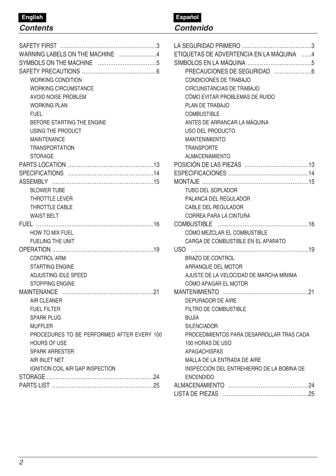 Zenoah EBZ8000/8000RH manual Contents Contenido 