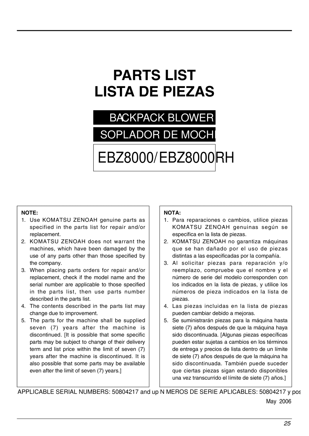 Zenoah EBZ8000/8000RH manual Parts List Lista DE Piezas 